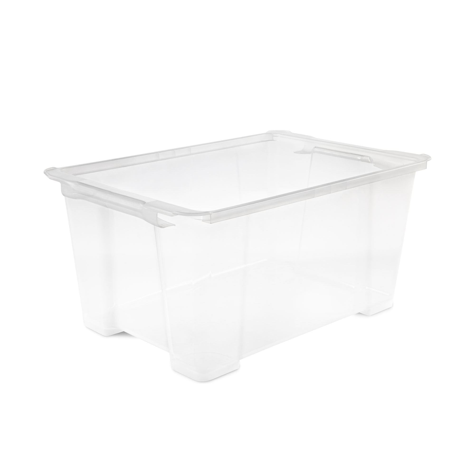 Transparente rechteckige Aufbewahrungsbox aus Kunststoff mit integrierten Rollen