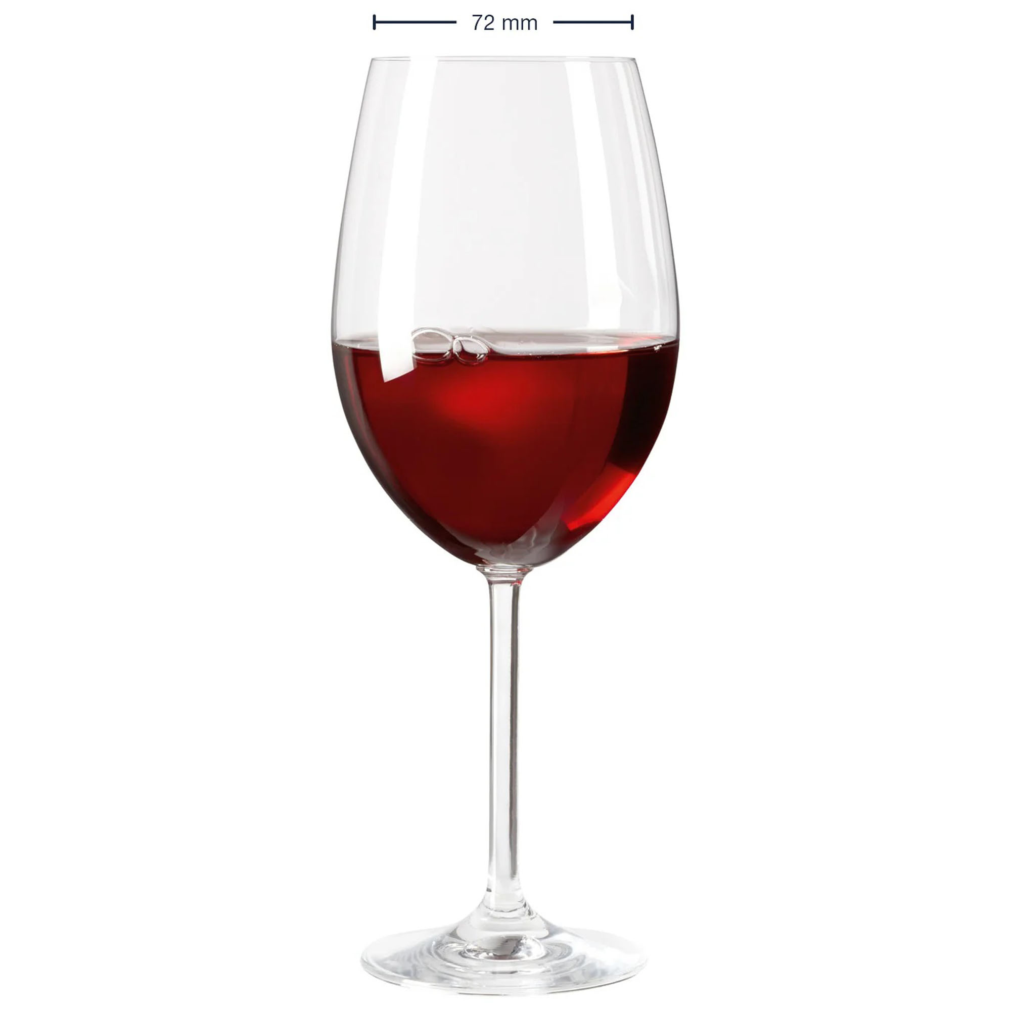 Weißweinglas mit rotem Wein und eingezeichneter Maßangabe von 72 mm am oberen Rand