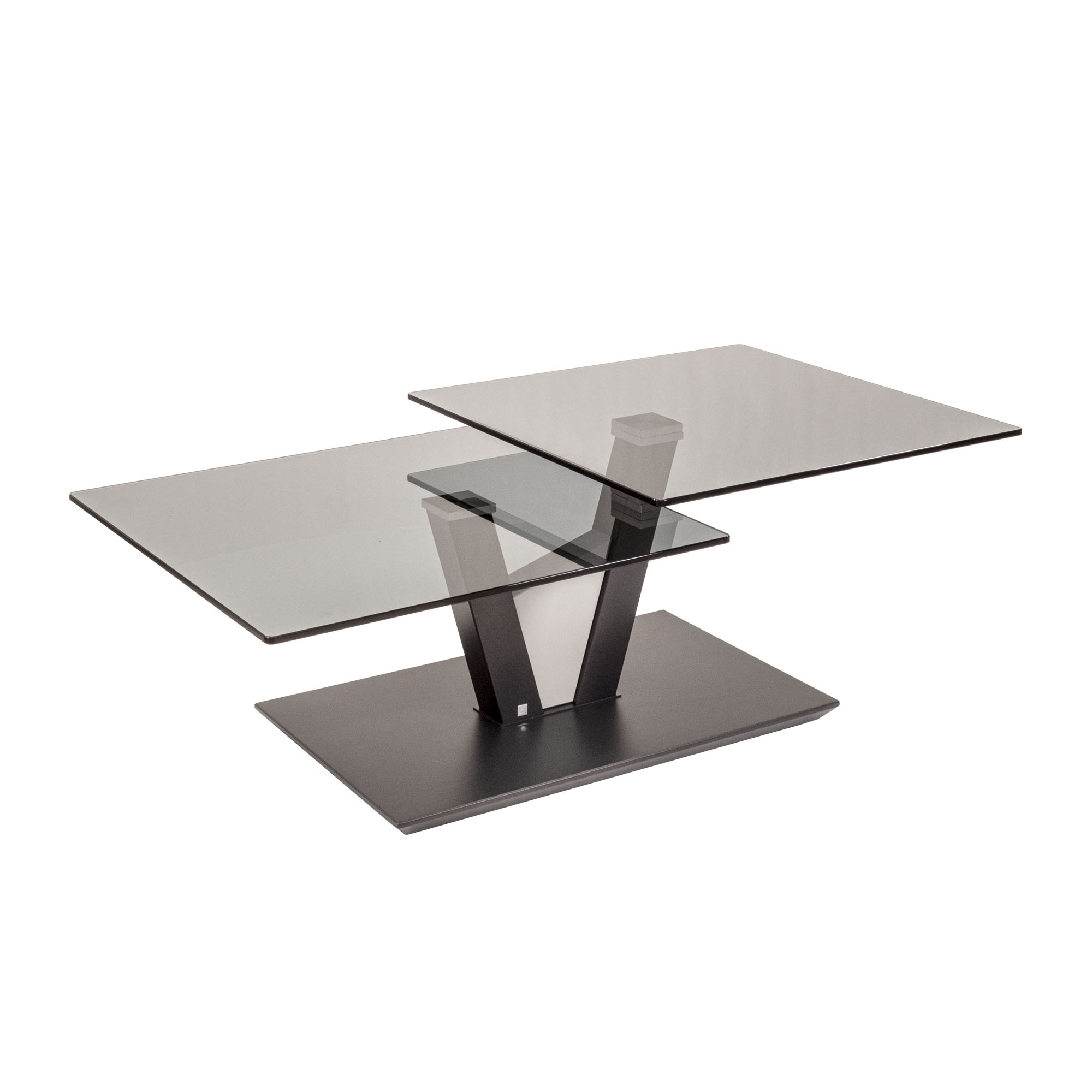 Schwenkbarer Couchtisch mit Glasplatte in Grau, Gestell aus Metall und Holz, Stellmaß 65x36x118 cm