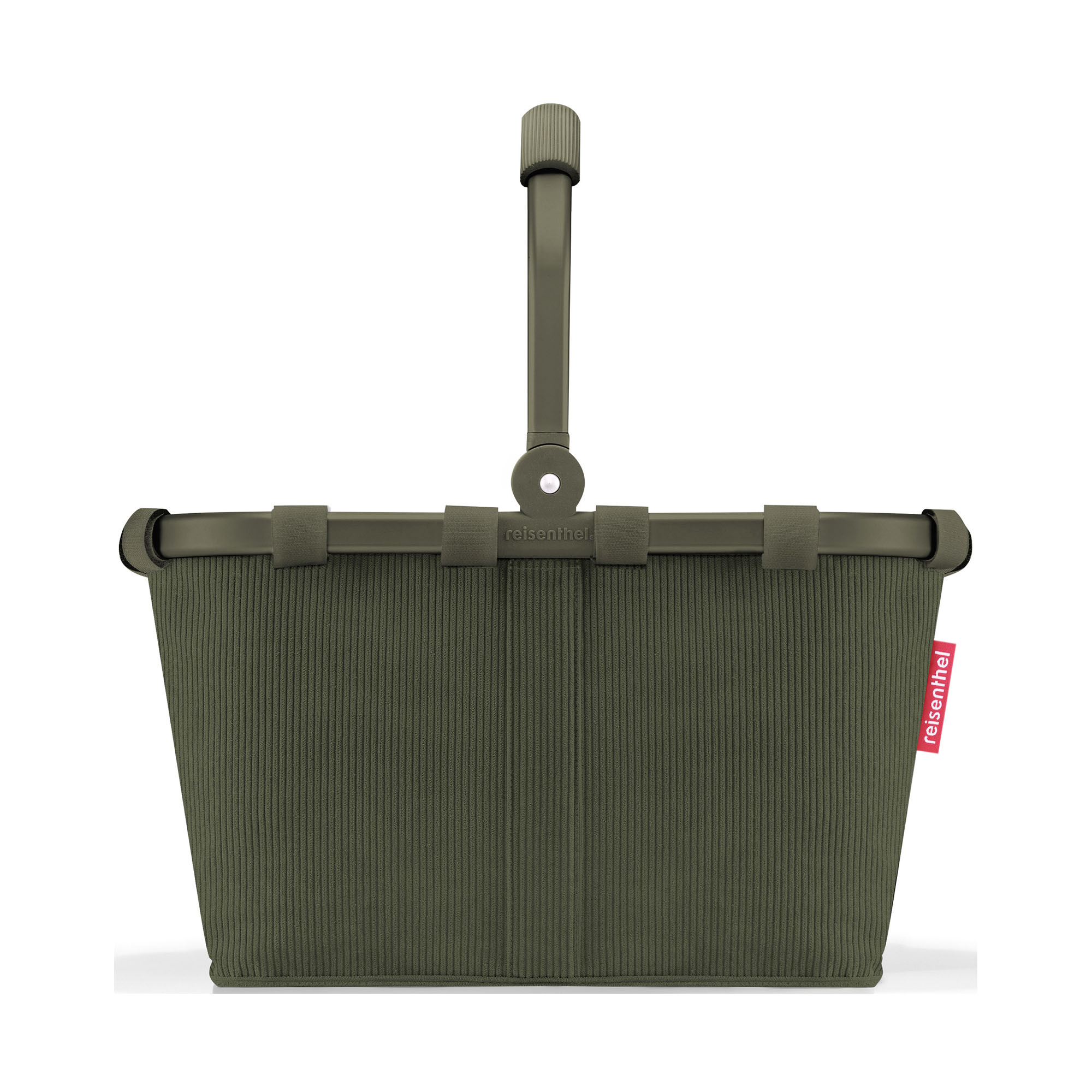 Kleiner Einkaufskorb von Reisenthel, Modell Carrybag XS, in Dunkelgrün aus geripptem Cord, von hinten mit hochgestelltem Griff.
