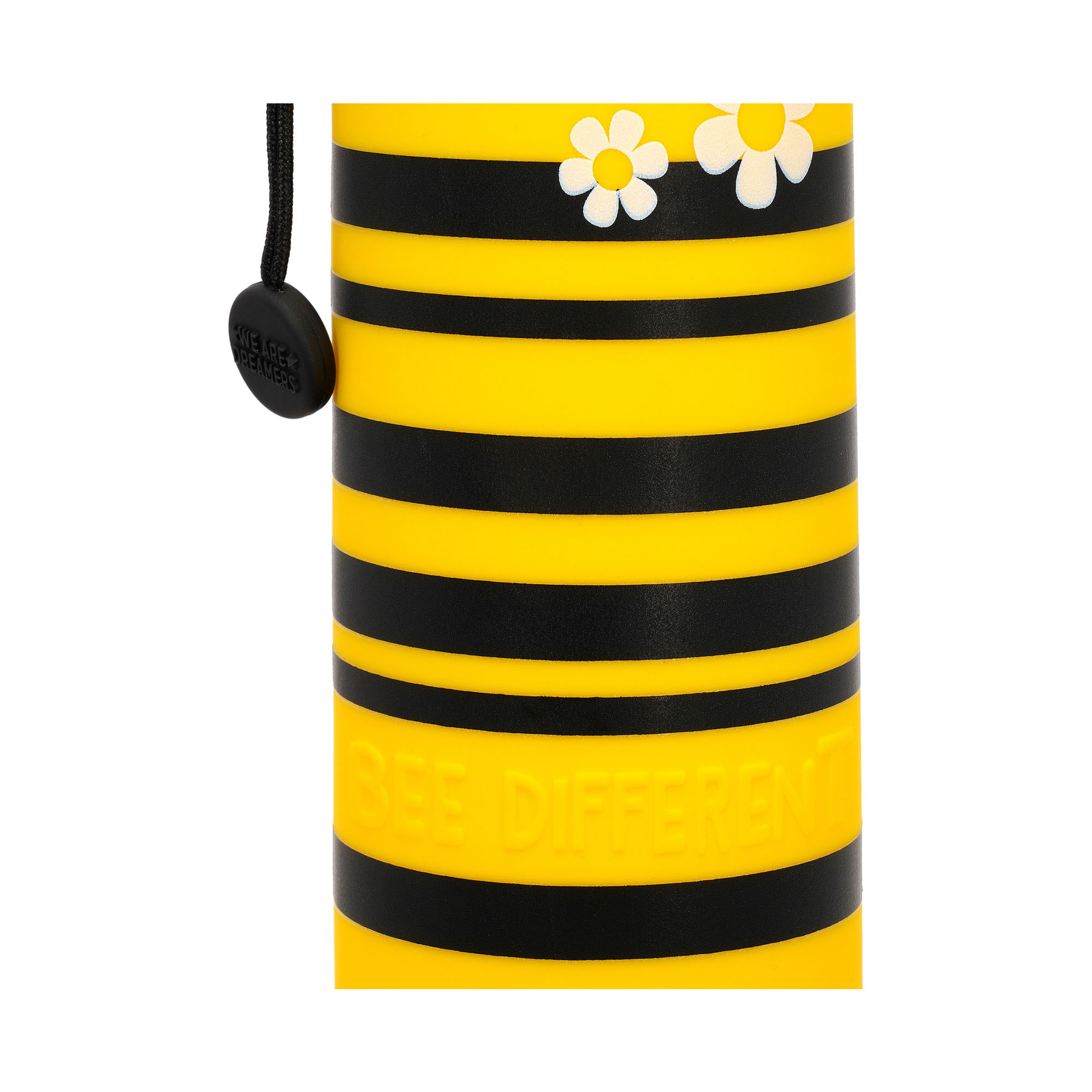 Gelb-schwarzes 2-in-1-Silikon-Federmäppchen im Bienen-Design, in Nahaufnahme mit schwarz-gelben Streifen und seitlicher Schlaufe dargestellt.