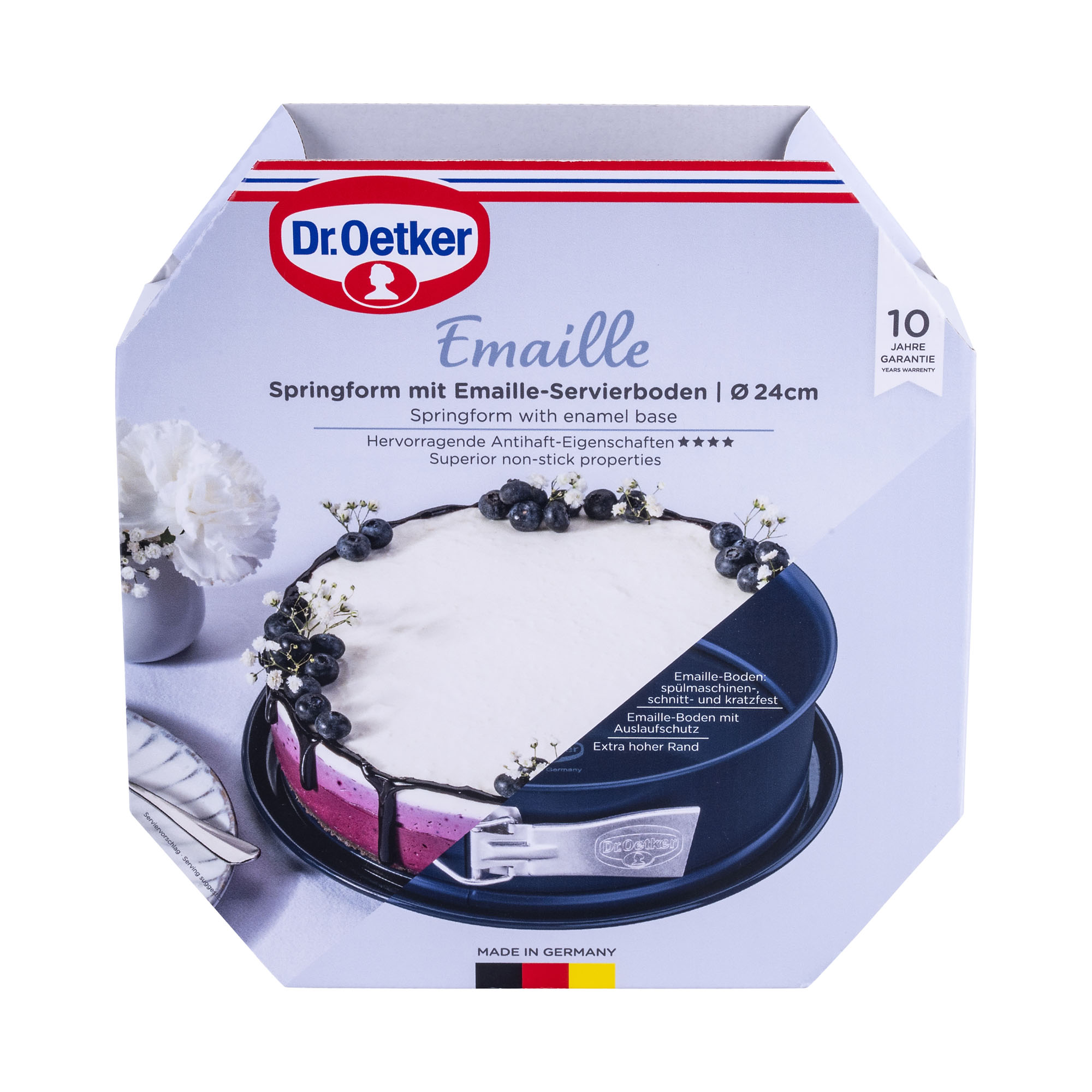 Verpackung der Emaille Springform 24 cm von Dr Oetker mit dekoriertem Kuchen