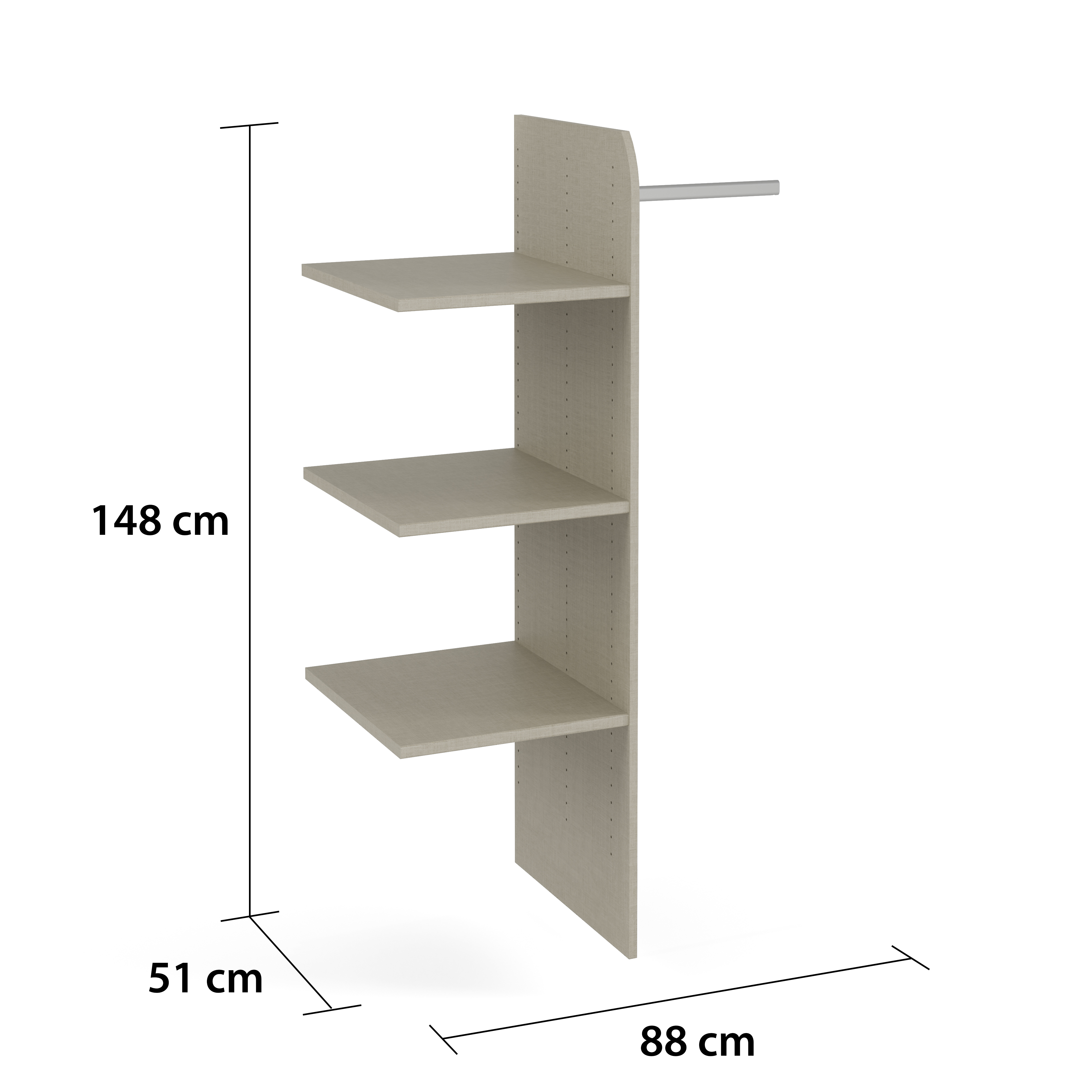 Wäscheeinteilung in naturfarbener Leinenoptik mit drei Fachböden und seitlicher Metallstange, daneben Maßangaben 148 cm Höhe, 88 cm Breite und 51 cm Tiefe
