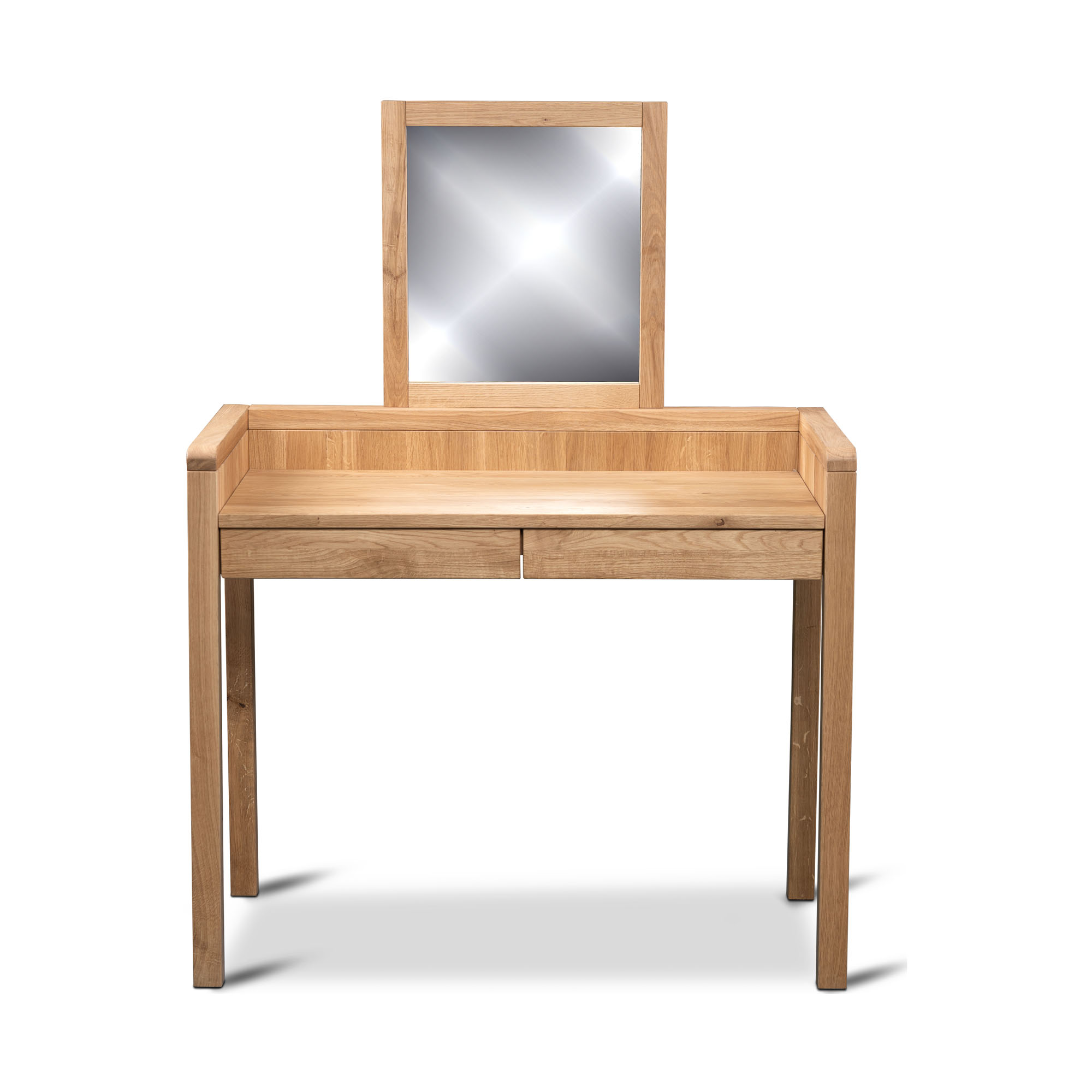 Frontalansicht eines Schminktischs aus hellem Holz mit zwei Schubladen und rechteckigem Spiegelaufsatz auf weißem Hintergrund