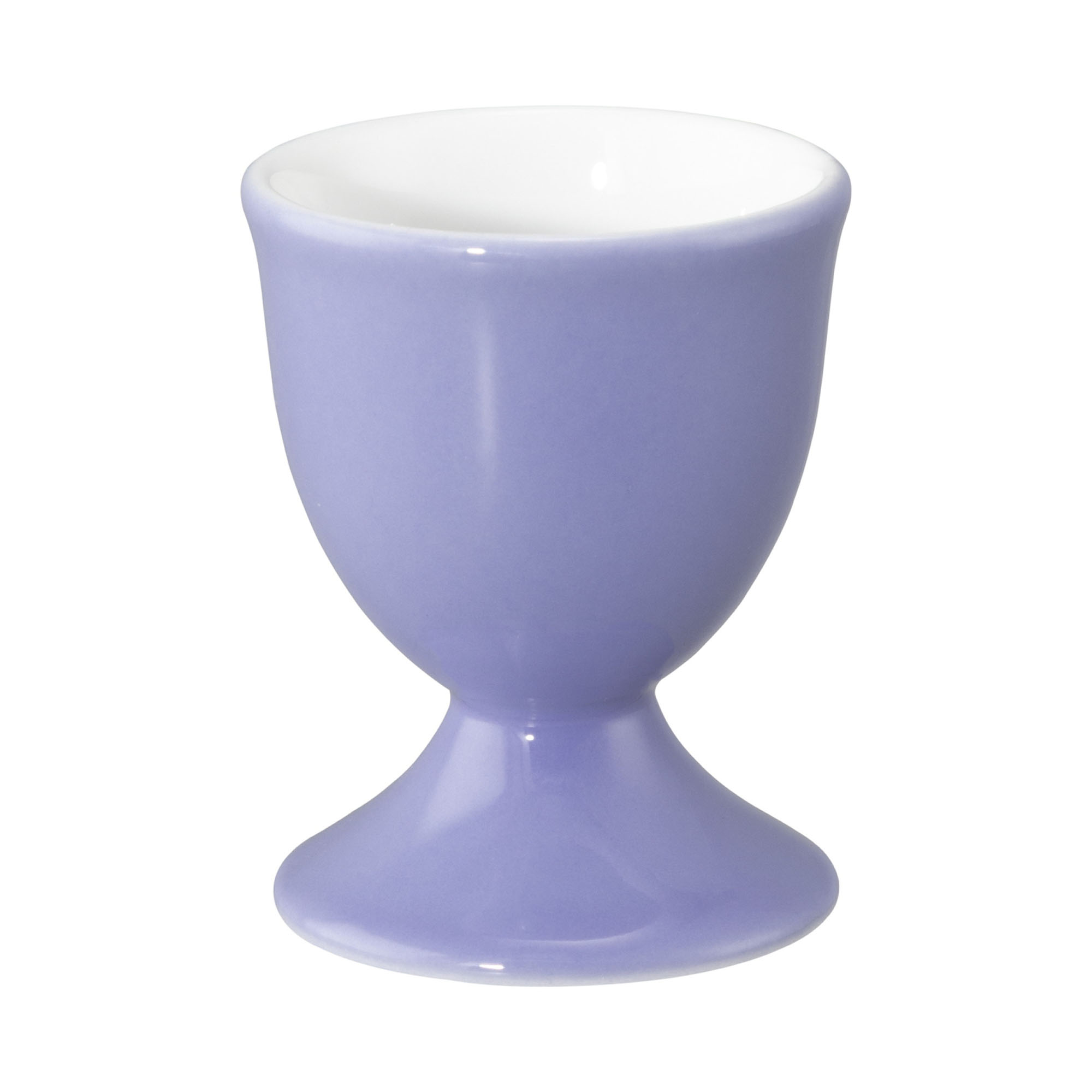 Eierbecher in Blauviolett und Weiß; Ansicht von vorn. Sichtbare Gestaltung: blauviolette Außenseite, weißer Innenraum und breiter Standfuß.