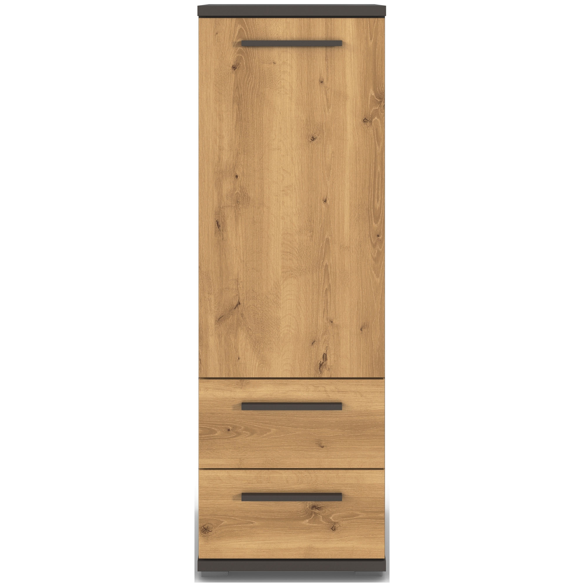 Kommode in Graphit mit Dekor Asteiche, 2 Schubkästen und 1 Tür, in frontaler Ansicht gezeigt.