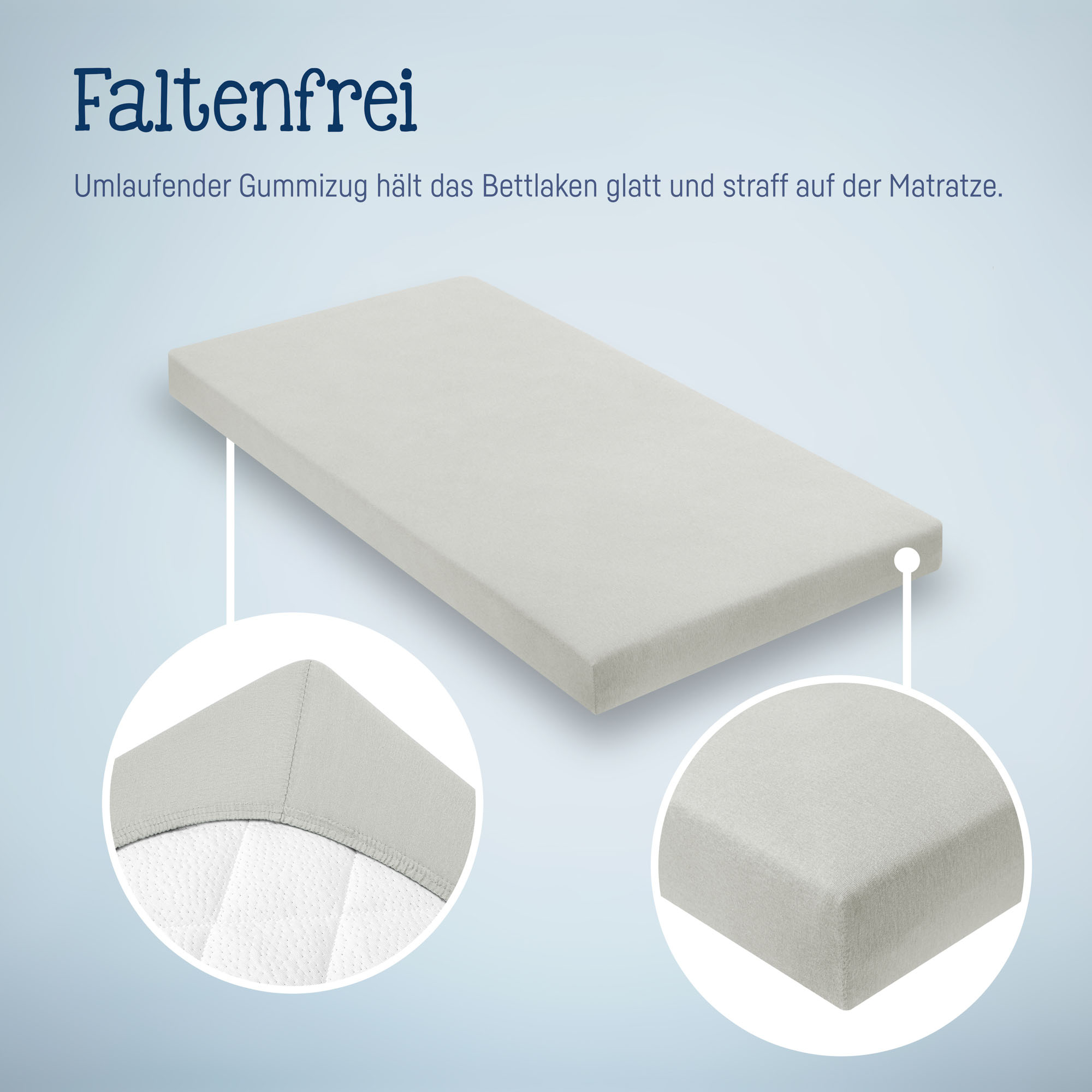 Graues Spannbettlaken auf Matratze mit Detailansichten der glatten Oberfläche und der abgerundeten Ecken mit umlaufendem Gummizug