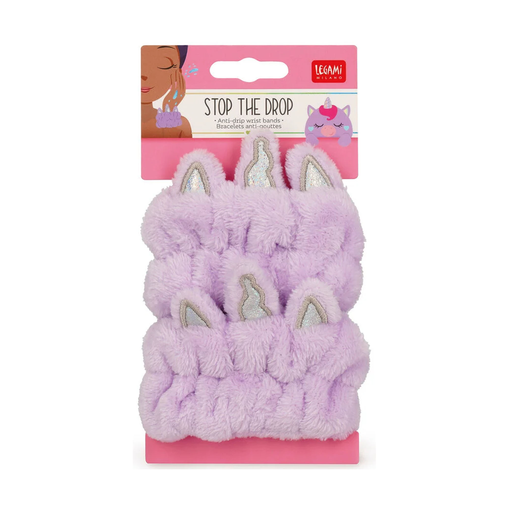 Zwei lilafarbene Wascharmbänder mit Einhornohren, als Paar in einer rosafarbenen Blisterverpackung abgebildet.