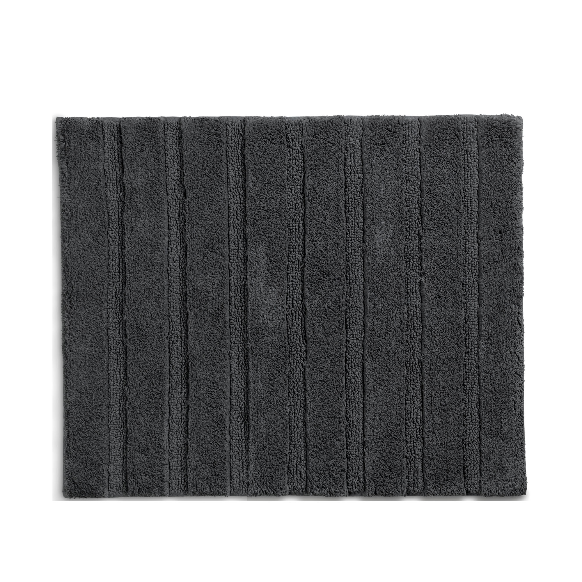 Kleine granitgraue Badematte Megan mit dunkler, gerippter Oberfläche und fast quadratischem Format.