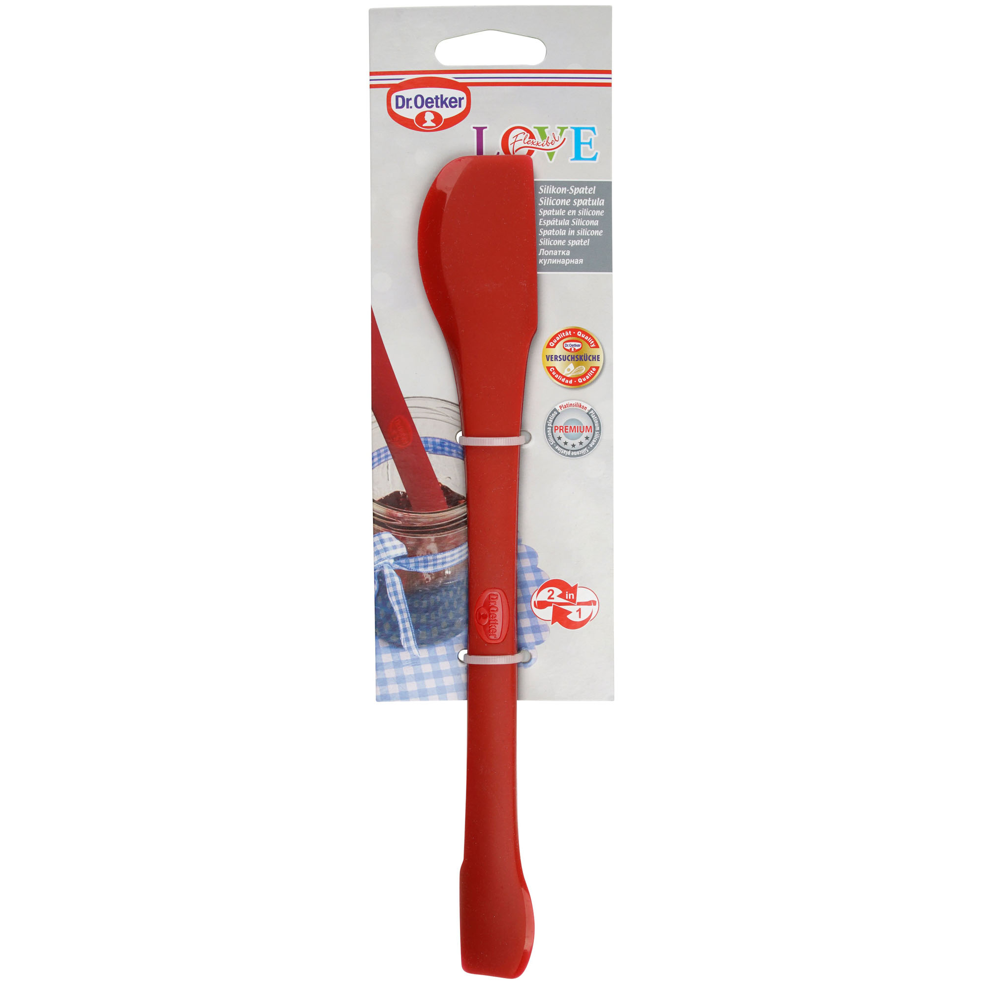 Verpackung eines roten Silikon Spatels mit Produktinfos