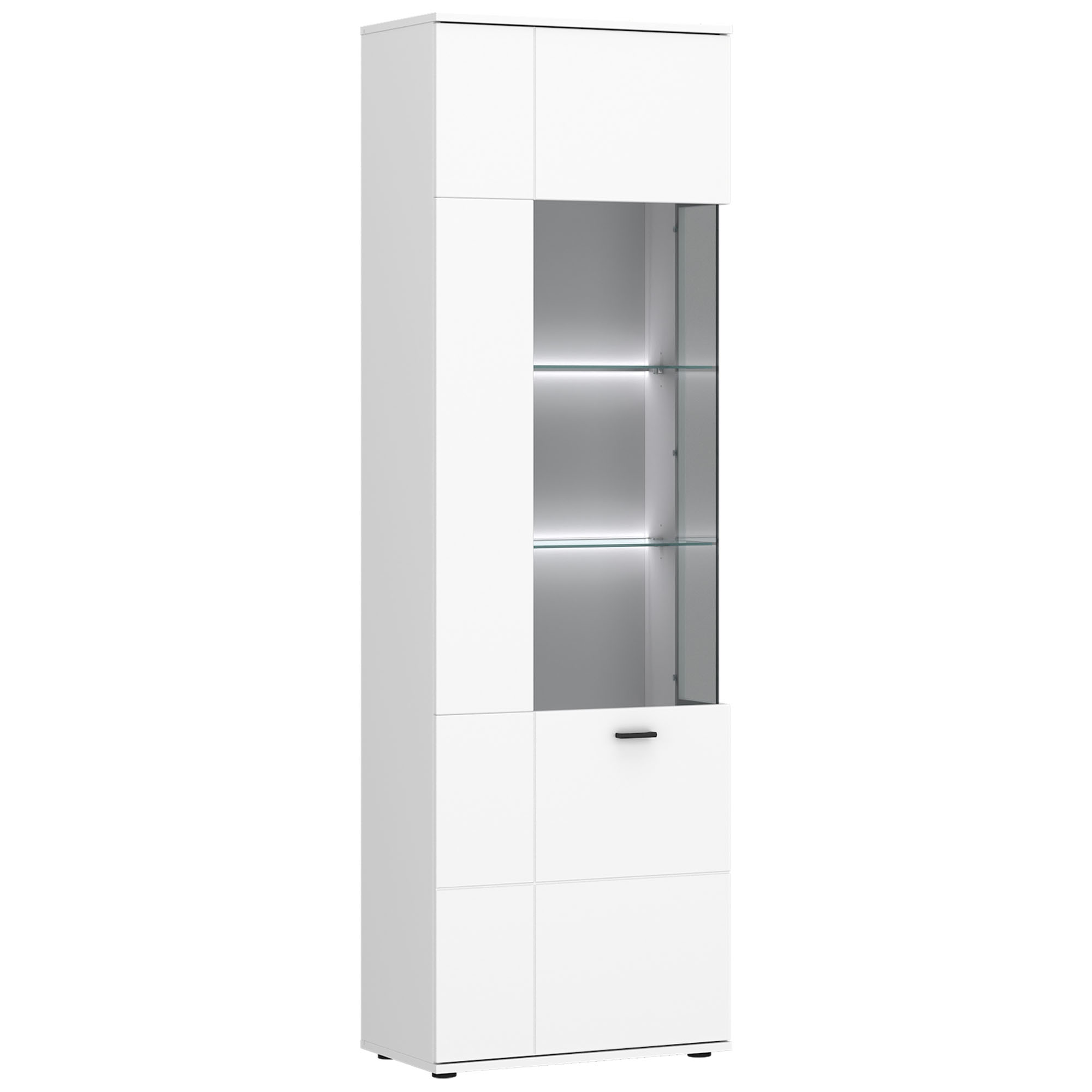 Schmale Vitrine Rion in Weiß mit Glastür, Glasböden, LED-Beleuchtung und praktischem Stauraumbereich