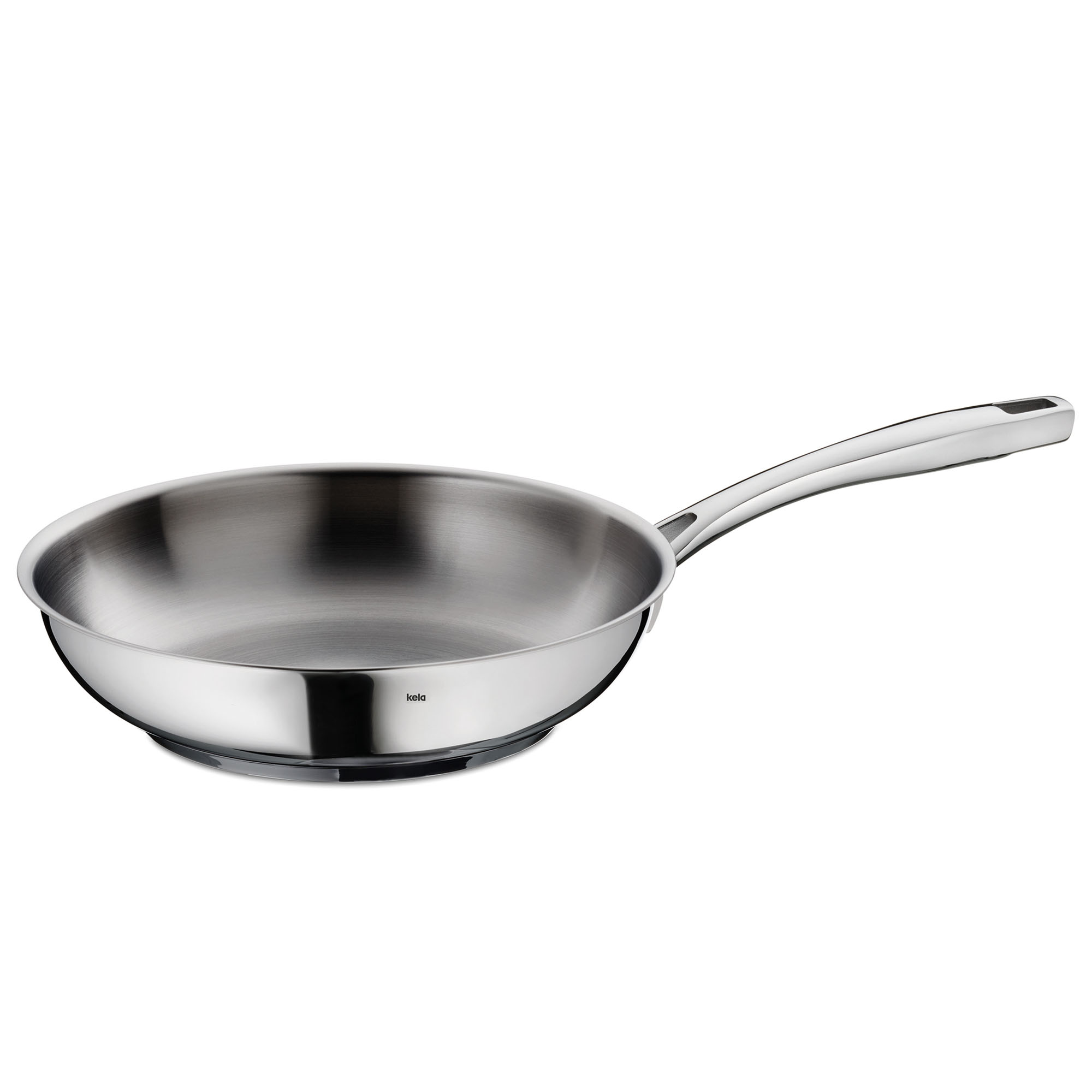 Runde Bratpfanne aus silberfarbenem Edelstahl mit flachem Rand und langem seitlichem Metallgriff
