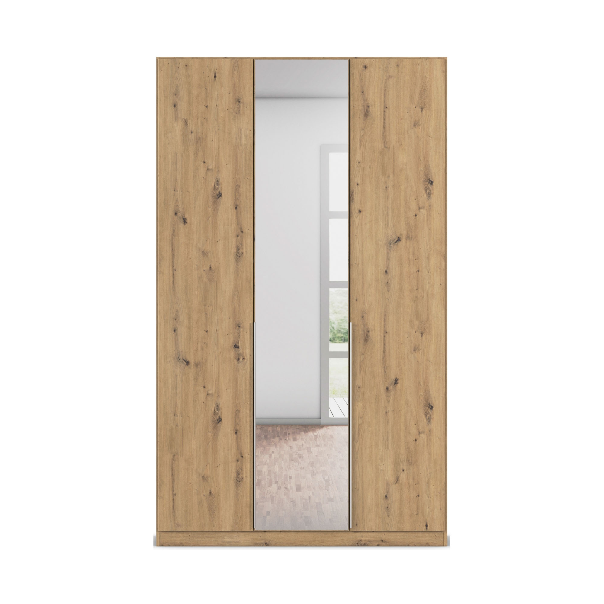 Frontansicht eines Kleiderschranks in Eiche Artisan mit integrierter Spiegeltür und klaren Linien im minimalistischen Stil