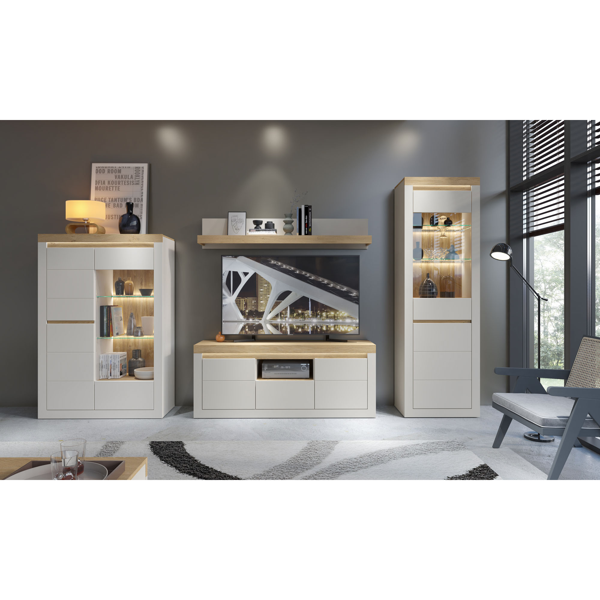 TV-Lowboard in Weiß und Eiche innerhalb einer modernen Wohnwand mit Vitrine, Highboard und Wandregal