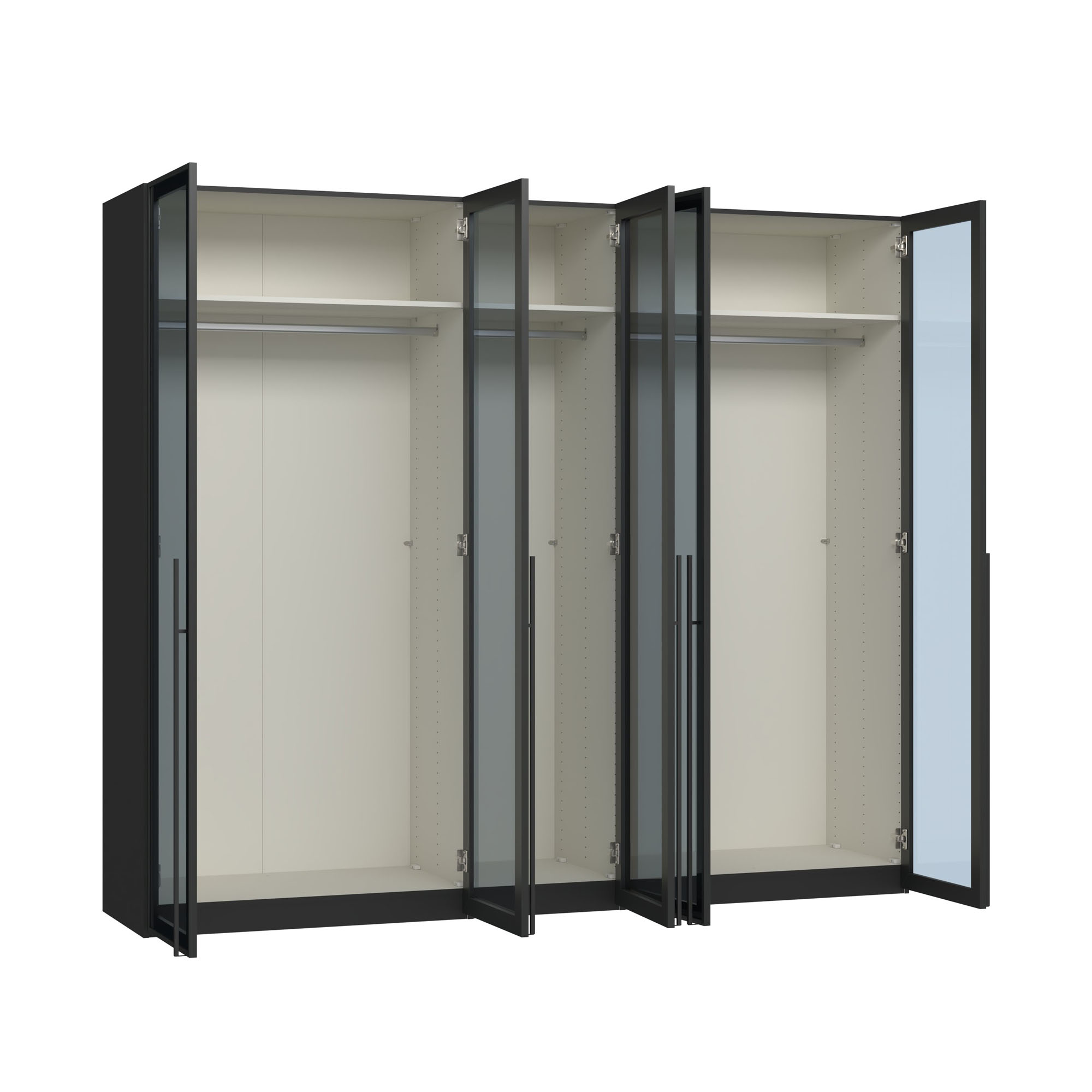 Drehtürenschrank mit geöffneten Glastüren und Innenraum mit Kleiderstangen