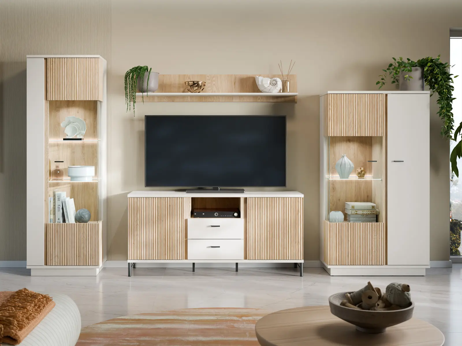 Moderne Mosano Wohnwand mit TV-Lowboard, Wandboard, zwei Vitrinen und LED-beleuchteten Glaselementen in Kaschmir und Eiche Optik