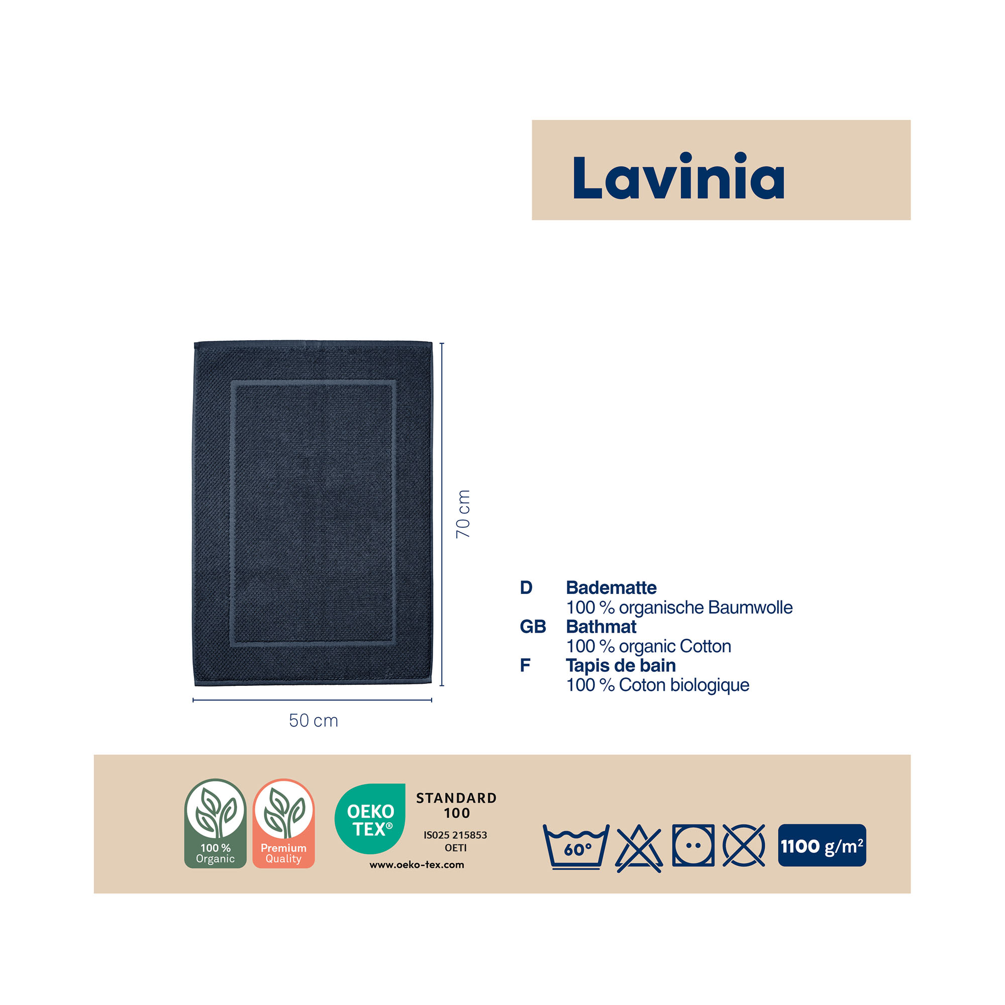 Informationsgrafik mit tiefseeblauem Badvorleger Lavinio und Angaben zu Material und Produkteigenschaften