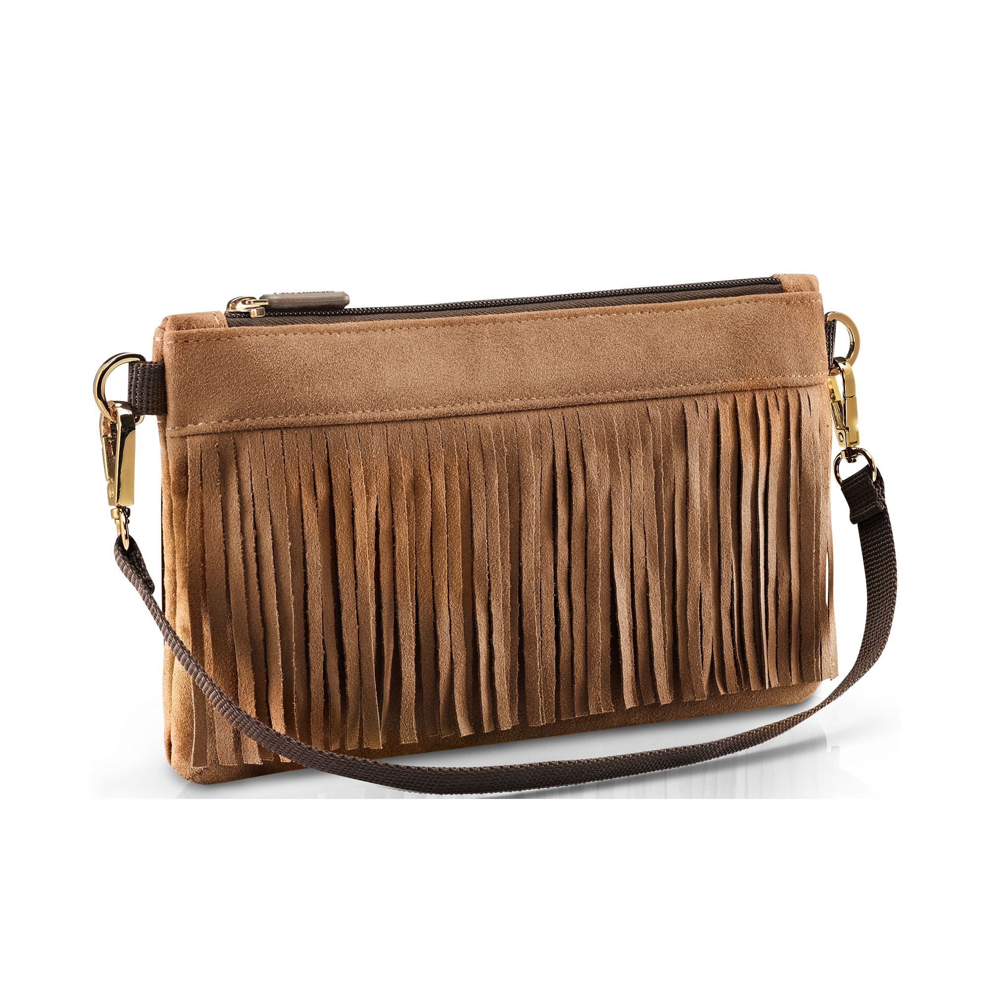 Braune Clutch von Reisenthel mit Fransen, Reißverschluss und abnehmbarem Trageriemen