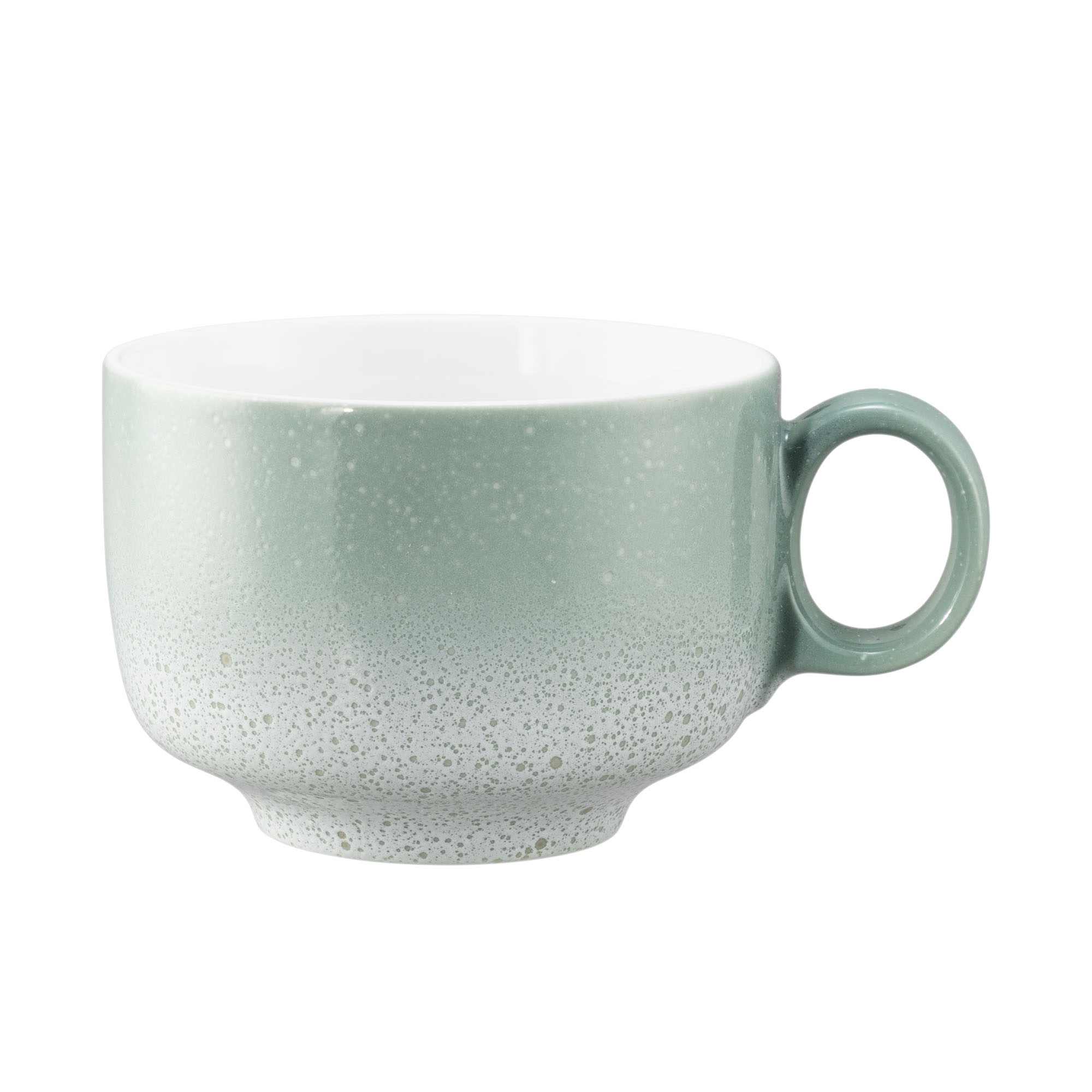 Seitenansicht: Tasse in Mint. Erkennbar: runde Form mit gesprenkeltem Farbverlauf und Henkel.