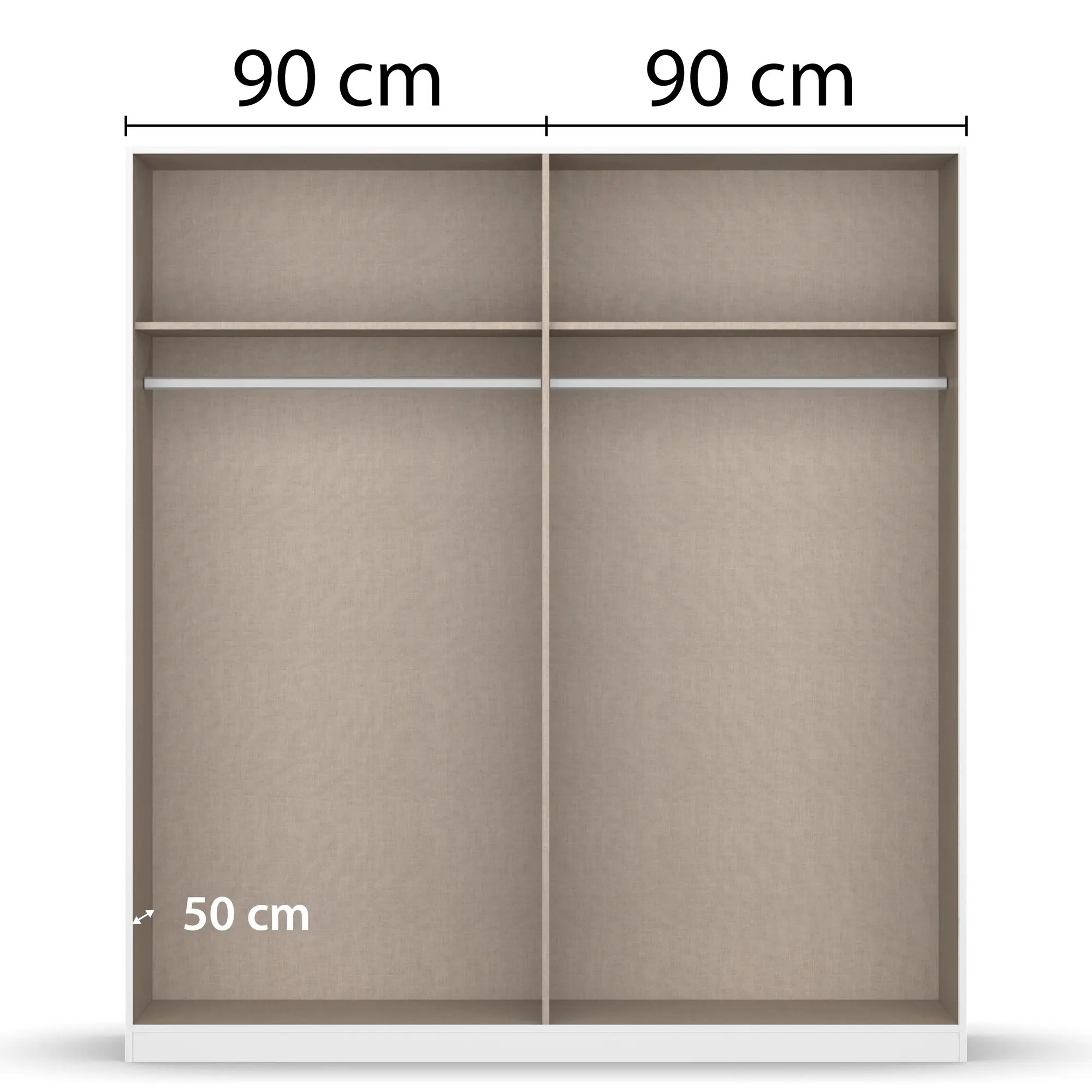Innenansicht eines Kleiderschranks mit zwei gleich großen Bereichen à 90 cm Breite und Kleiderstangen sowie Ablagefächern