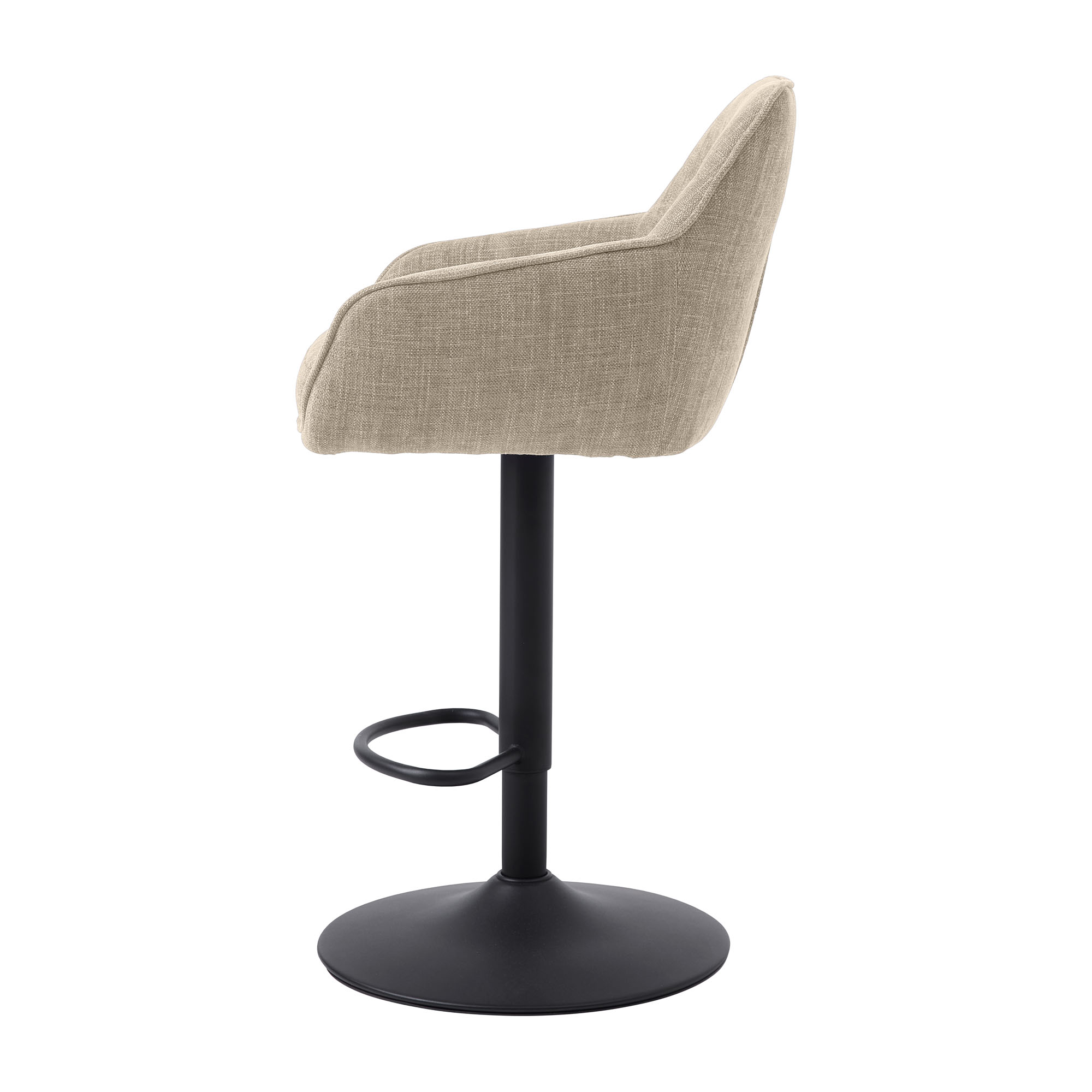 Höhenverstellbarer Barstuhl mit Stoffrückenlehne in Beige und schwarzem Standfuß von hinten