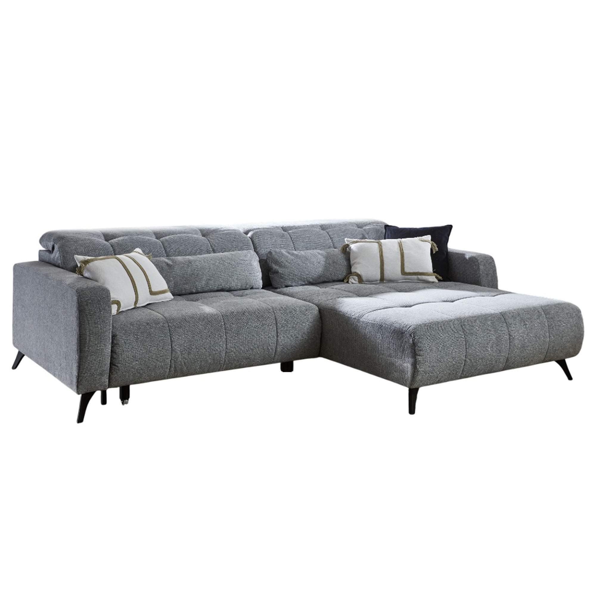 Modernes Ecksofa in hellgrauem Stoff mit klaren Linien und schwarzen Metallfüßen.