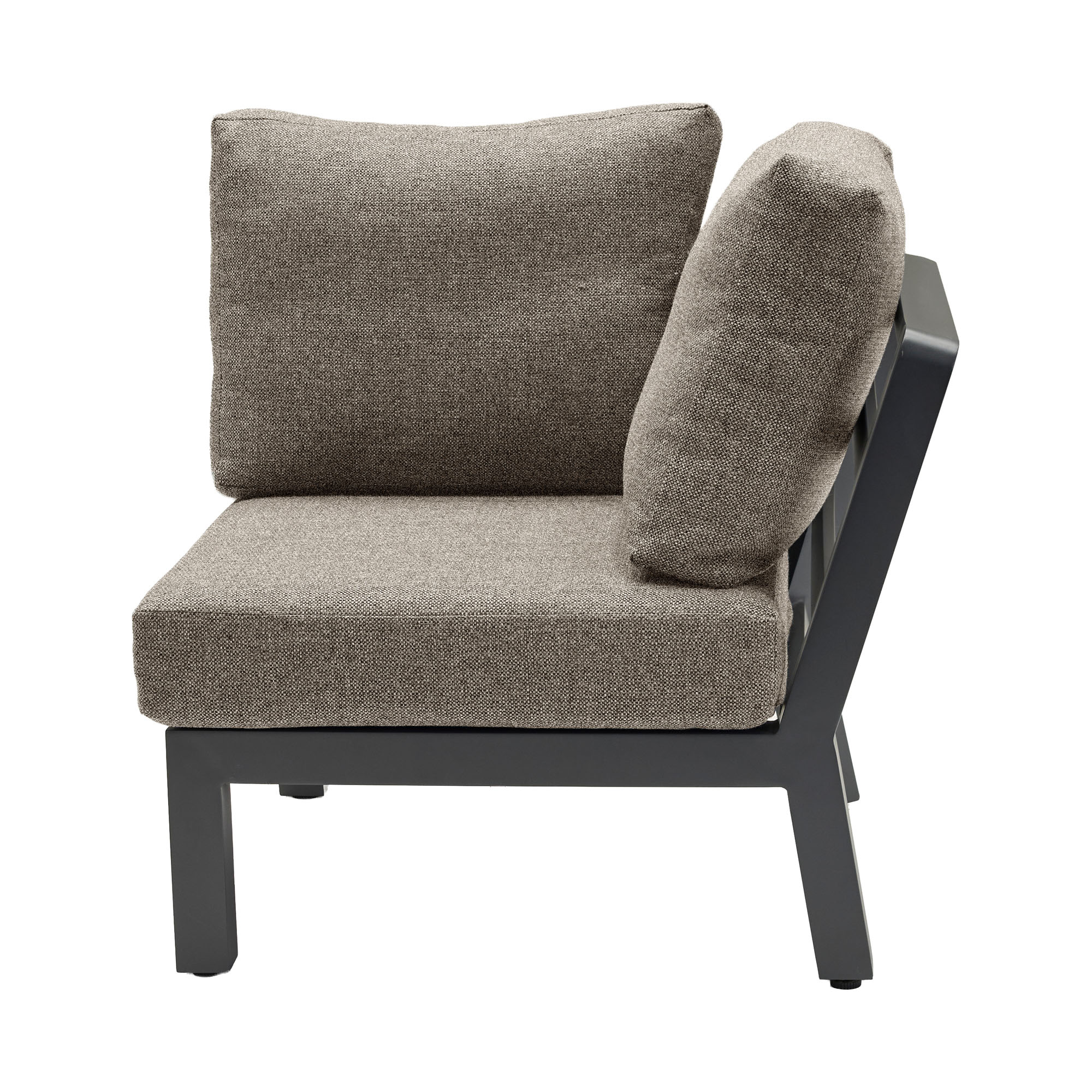 Eckmodul eines Sofas mit Sitzkissen, Rückenkissen und Armlehne, Ansicht von vorne