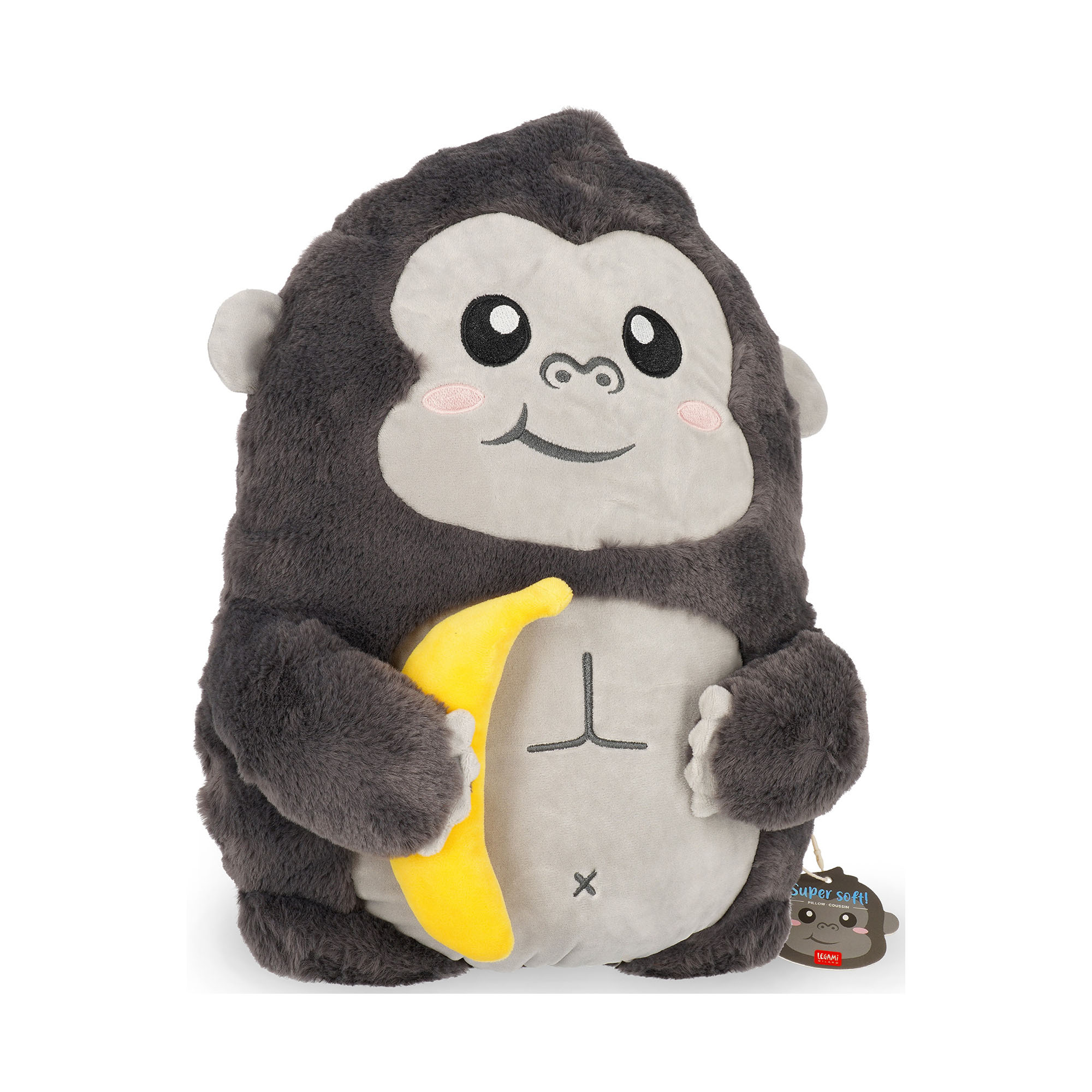 Graues Gorilla-Kissen mit gelber Banane, leicht seitlich auf weißem Hintergrund gezeigt.