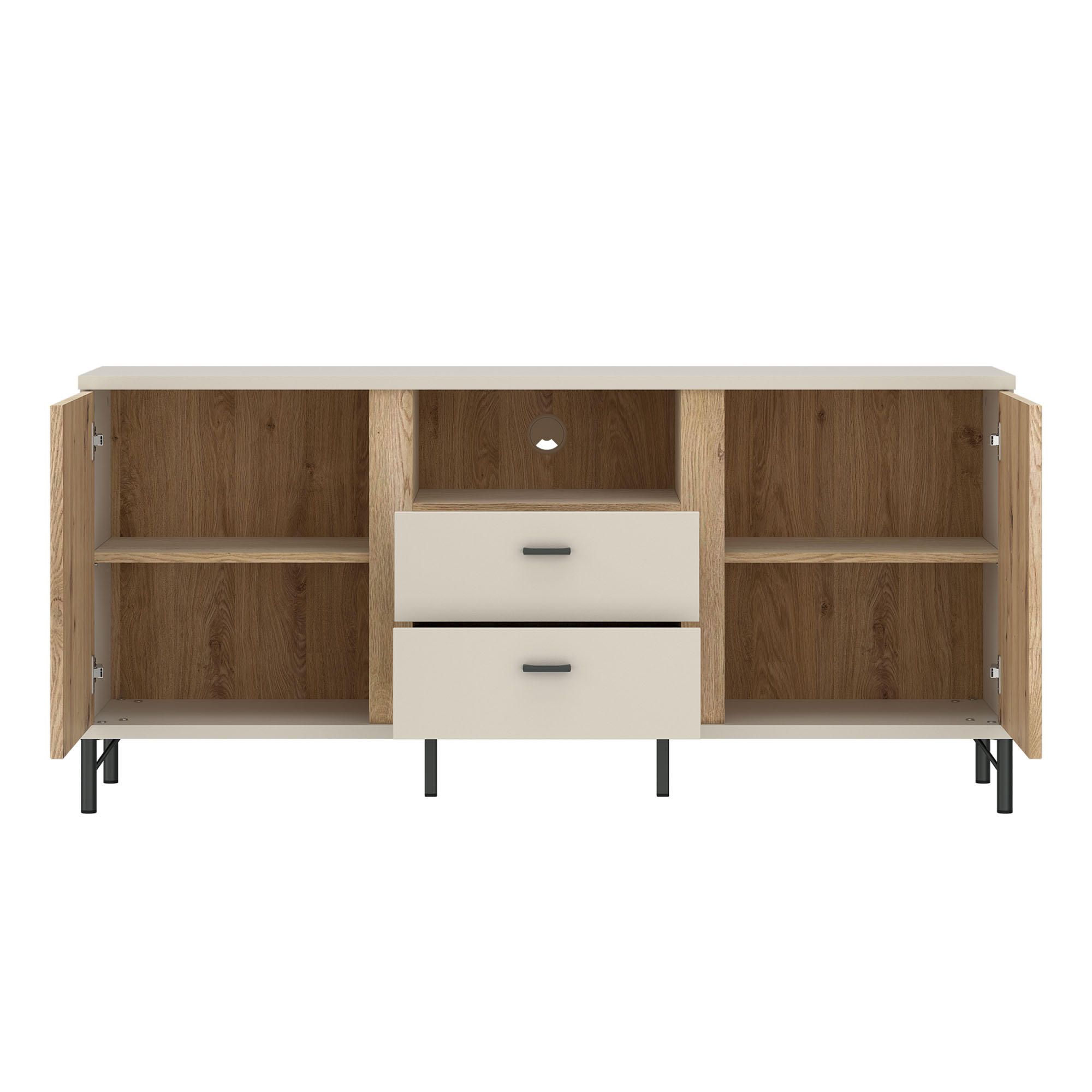 Sideboard in Kaschmir und Eiche mit geöffneten Türen, vier Schubladen und großzügigem Stauraum auf mehreren Einlegeböden