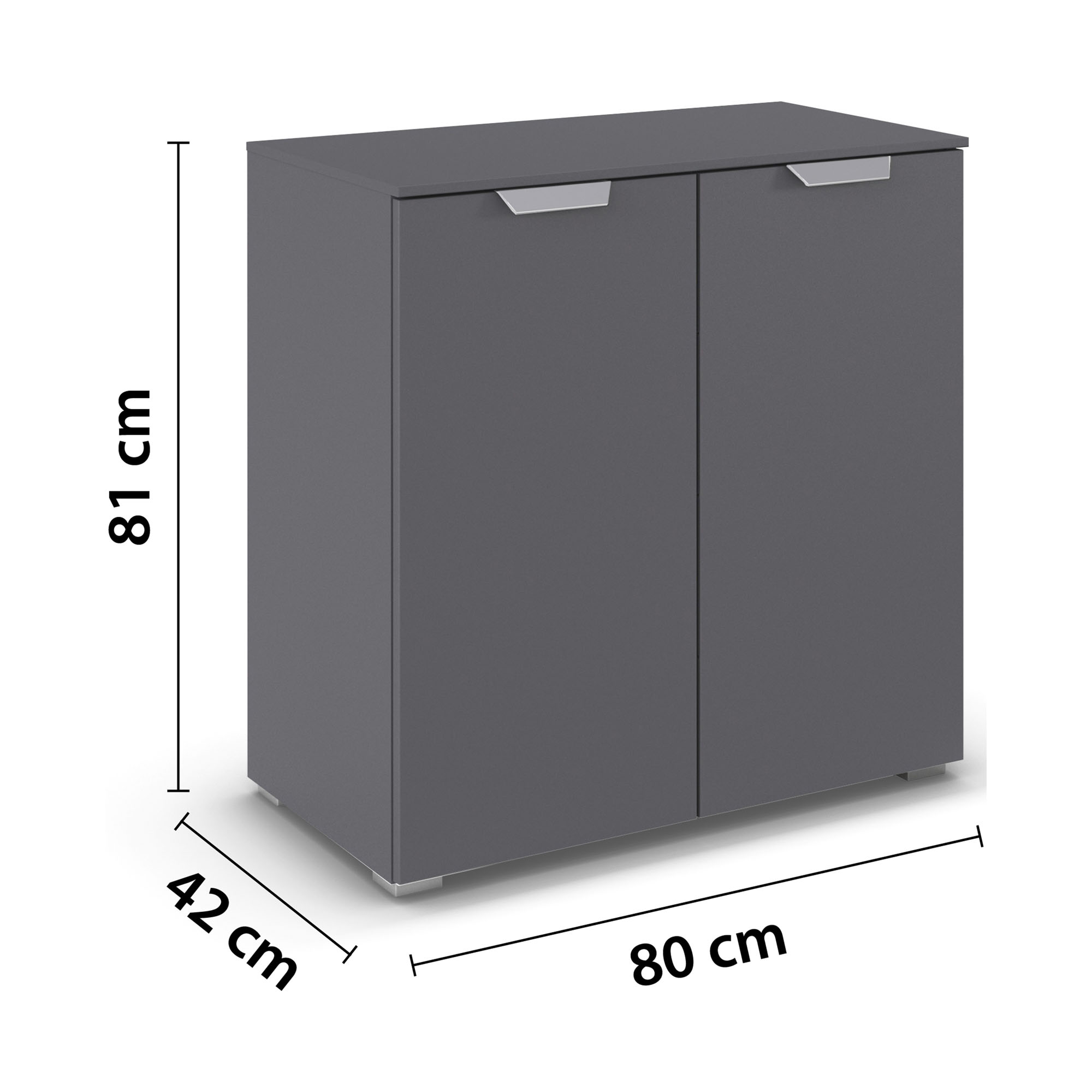 Graue Kommode mit Maßangaben Breite 80 cm, Höhe 81 cm und Tiefe 42 cm mit zwei Türen und Griffen