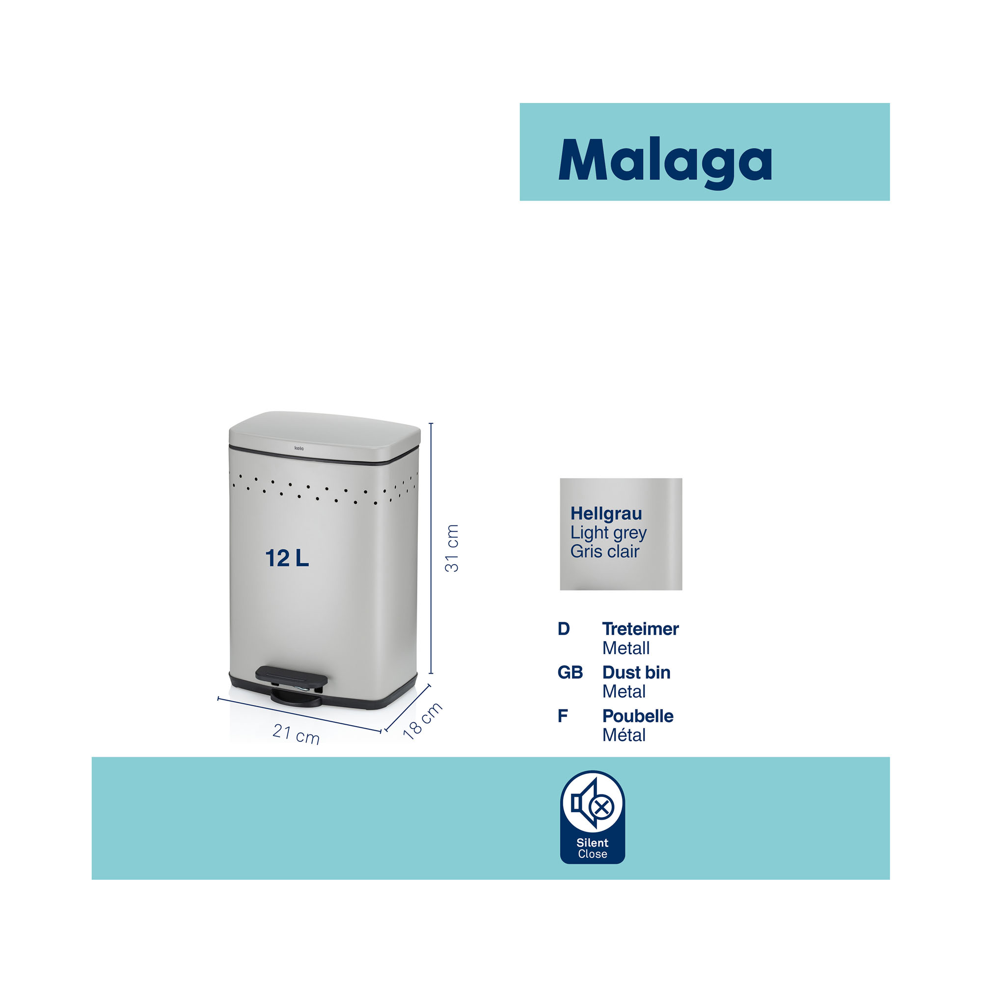 Informationsgrafik mit hellgrauem Kosmetikeimer Malaga und ergänzenden Angaben zu den Produkteigenschaften