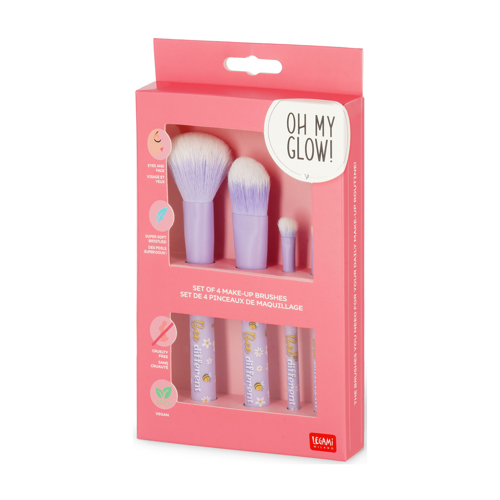 Vier lilafarbene Make-up-Pinsel im Bienen-Design, in einer pinkfarbenen Blisterverpackung abgebildet.