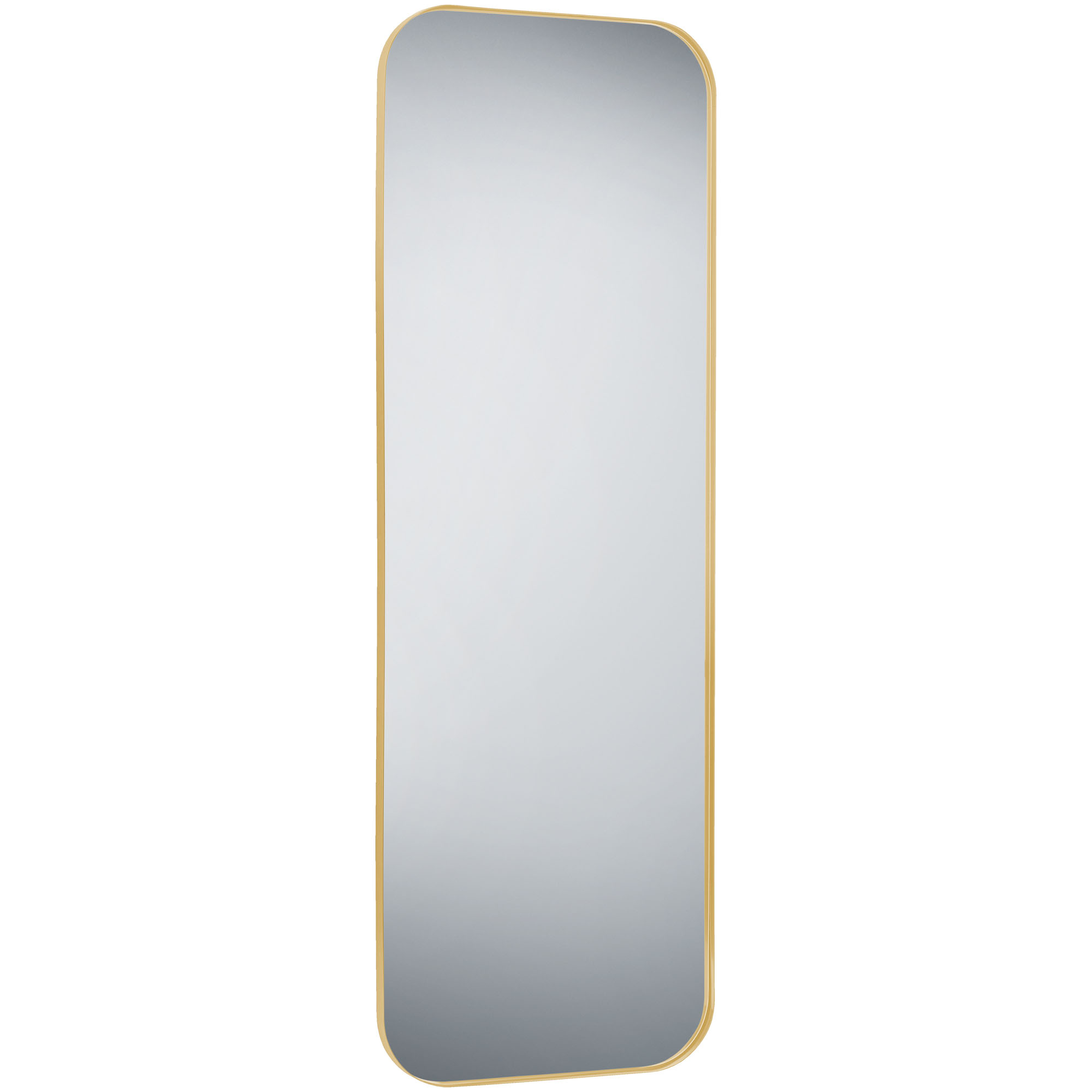 Spiegel Britta in Gold, freigestellt in vollständiger Ansicht; zu sehen ist die hochformatige Spiegelfläche mit abgerundeten Ecken; Maße ca. 50 x 150 x 2,8 cm.