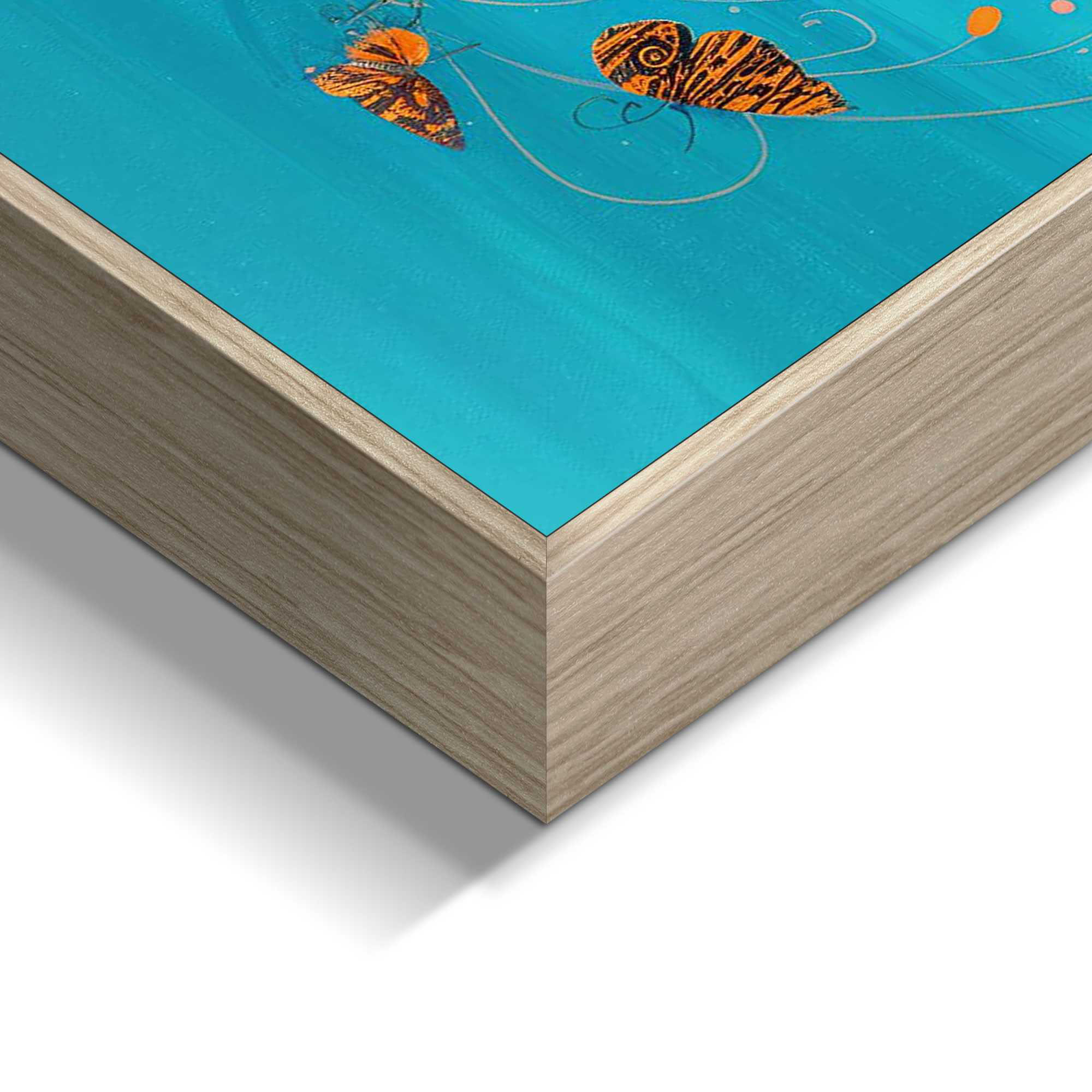 Detailaufnahme einer Ecke des Wandbilds „Dressed Tiger“, 50 × 40 cm; Oberfläche, Kante und Materialstärke sind sichtbar.