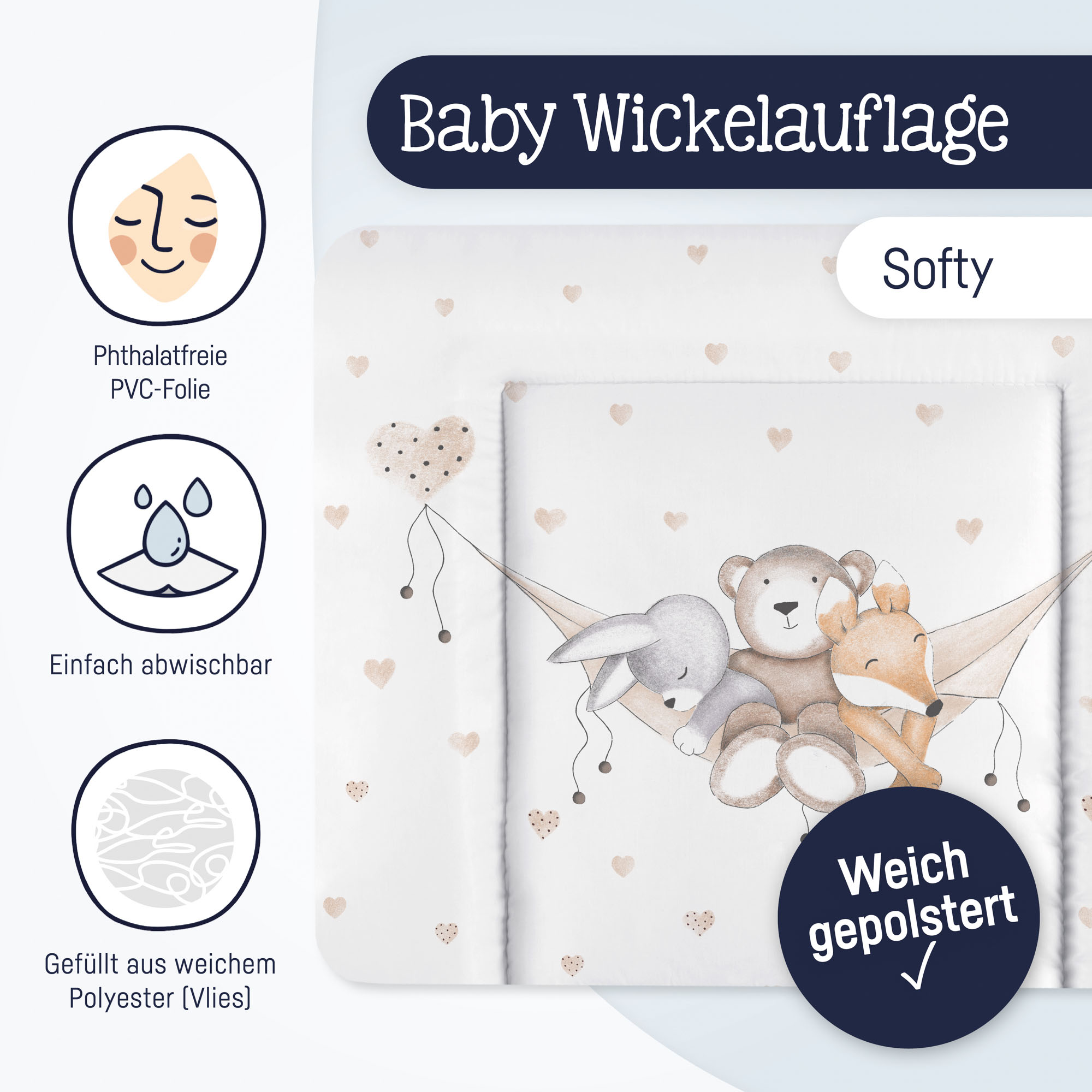 Die Wickelauflage mit Tiermotiv ist teilweise zu sehen, ergänzt durch Symbole zu Material, Abwischbarkeit und Polsterung