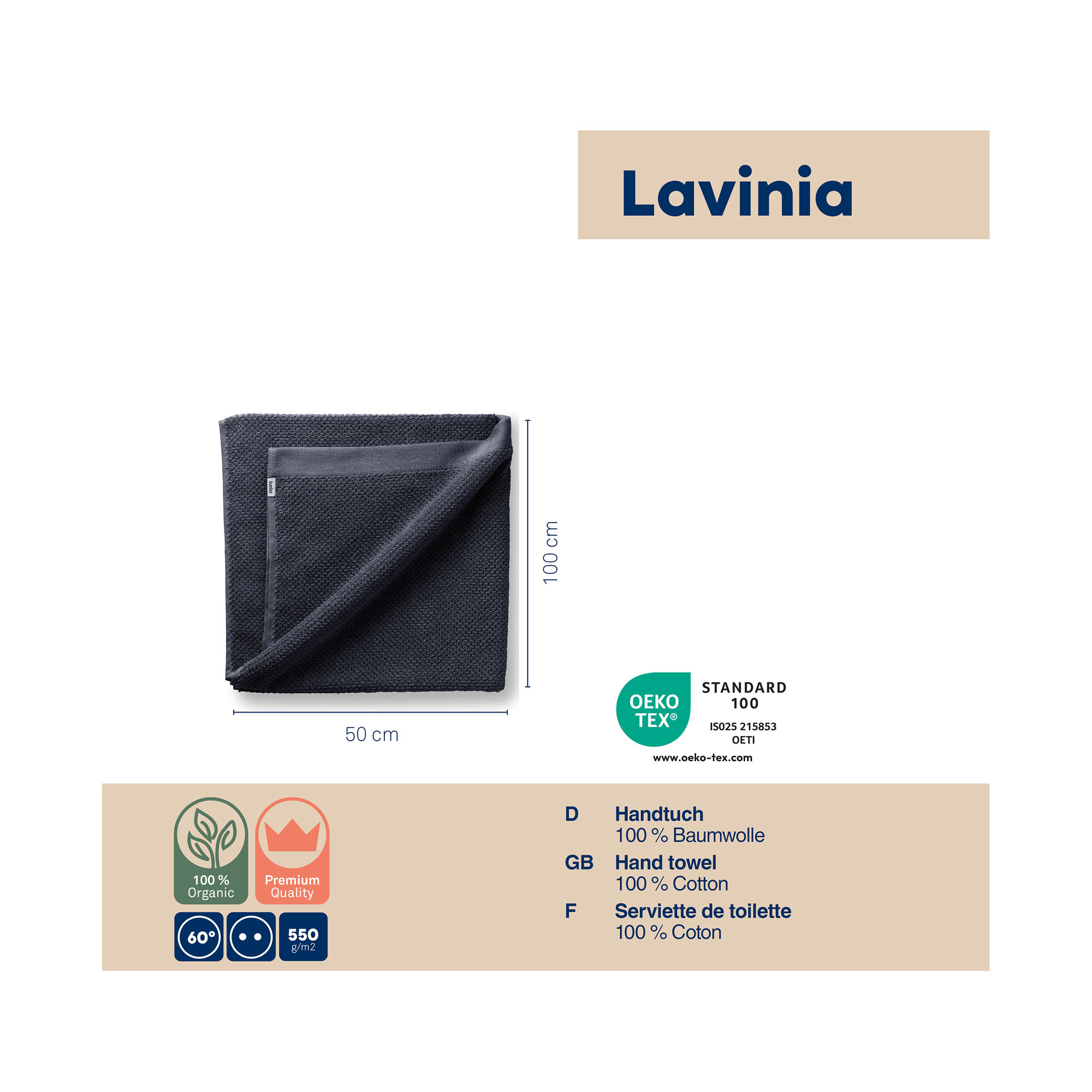 Produktdarstellung des tiefseeblauen Handtuchs der Serie Lavinio mit Angaben zu Material und Eigenschaften