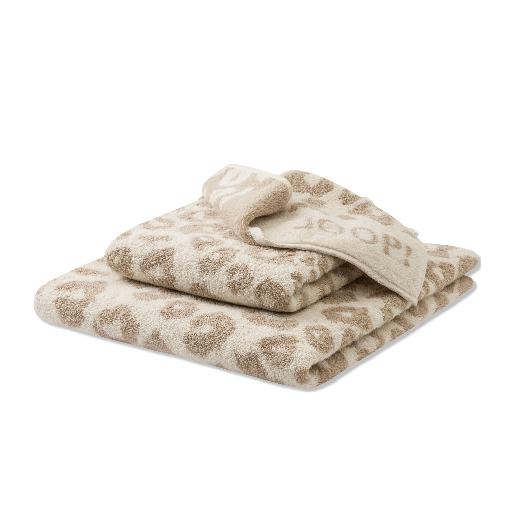 Gefaltete Darstellung zum JOOP! Allover Handtuch in Creme, 50 × 100 cm: mehrere Tücher mit Leopardenmuster liegen gestapelt, oben mit sichtbarem JOOP!-Schriftzug.