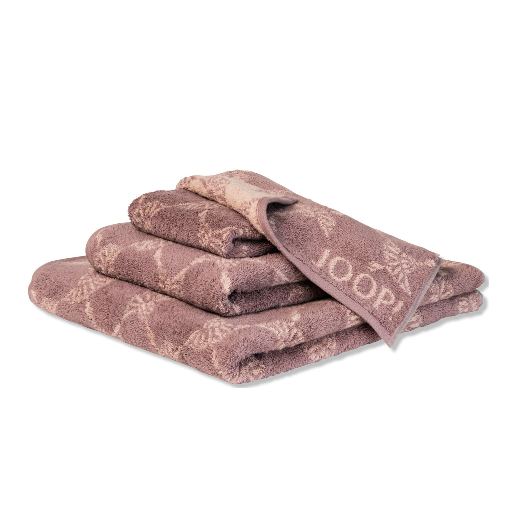 Gefaltete Darstellung zum JOOP! Cornflower Duschtuch in Rose, 80 × 150 cm: mehrere gemusterte Tücher liegen gestapelt; Cornflower-Muster und JOOP!-Schriftzug sind sichtbar.