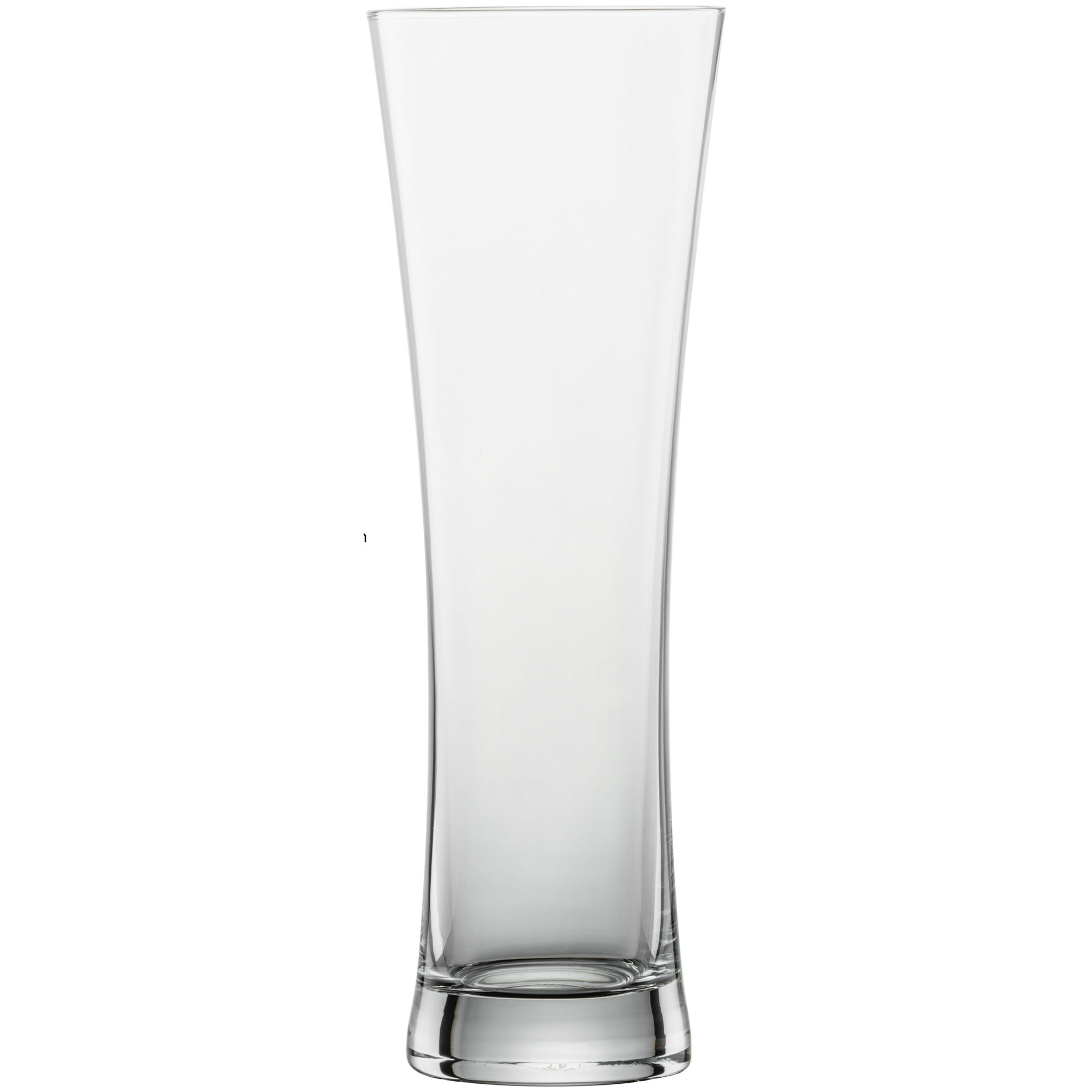 Freigestelltes leeres hohes Beer-Basic-Weizenbierglas, frontal mit schmalem Fuß und langem Glaskörper.