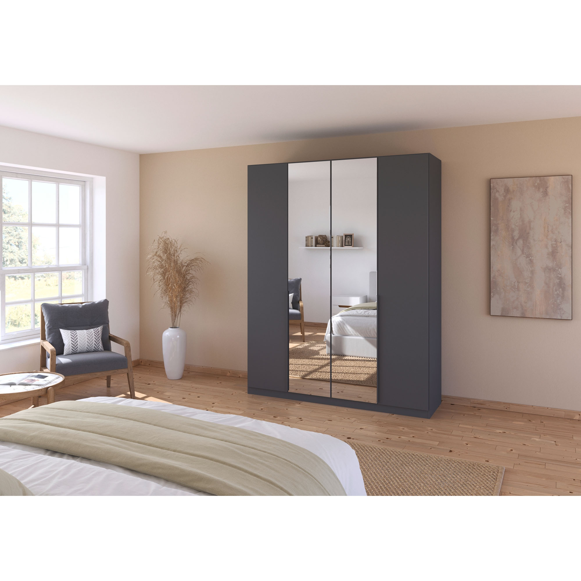 Grau-Metallicer Kleiderschrank mit Spiegeltüren in hellem Schlafzimmer mit Bett, Sessel und Fenster