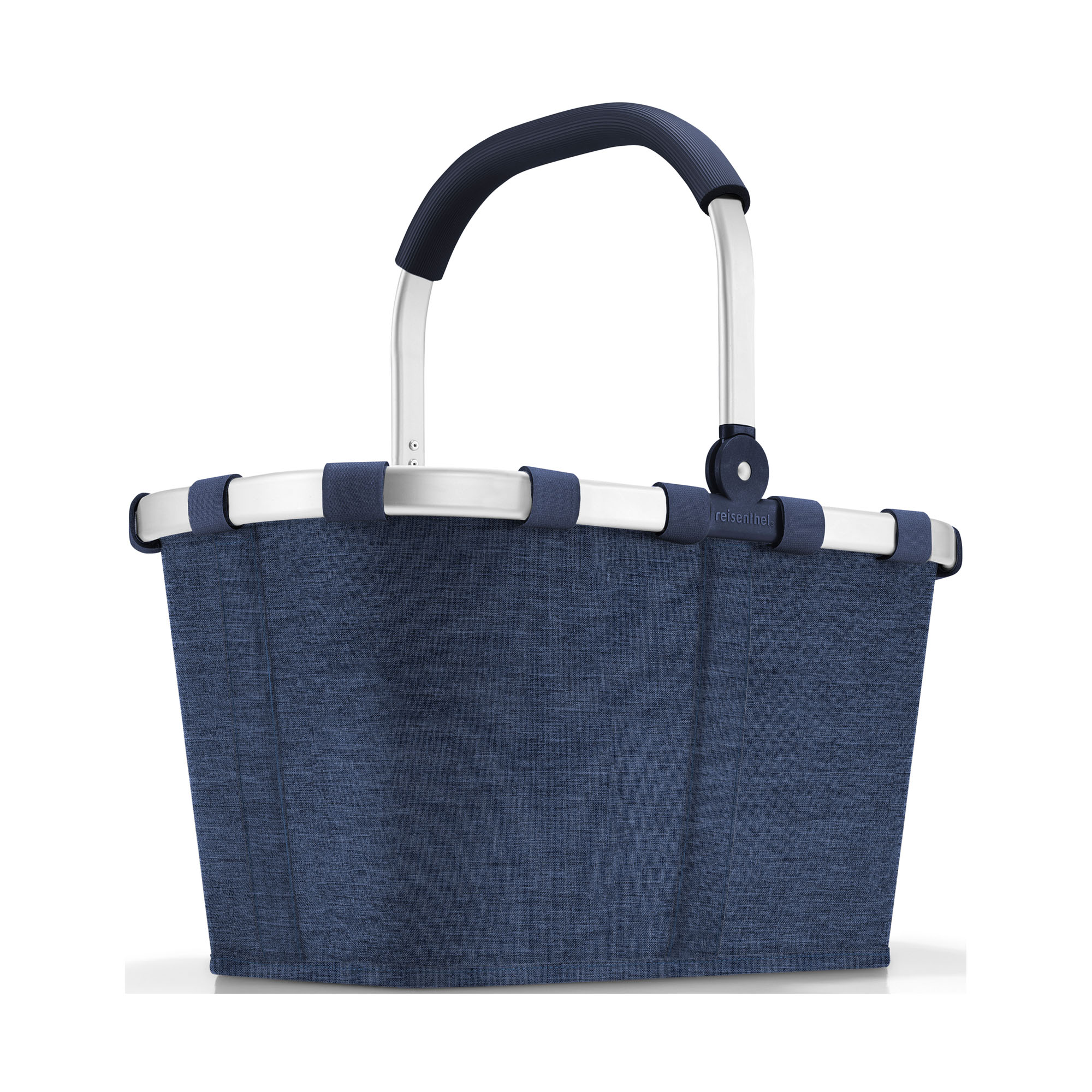 Einkaufskorb von Reisenthel, Modell Carrybag, in Dunkelblau mit melierter Struktur, frontal mit hochgestelltem Aluminiumgriff.