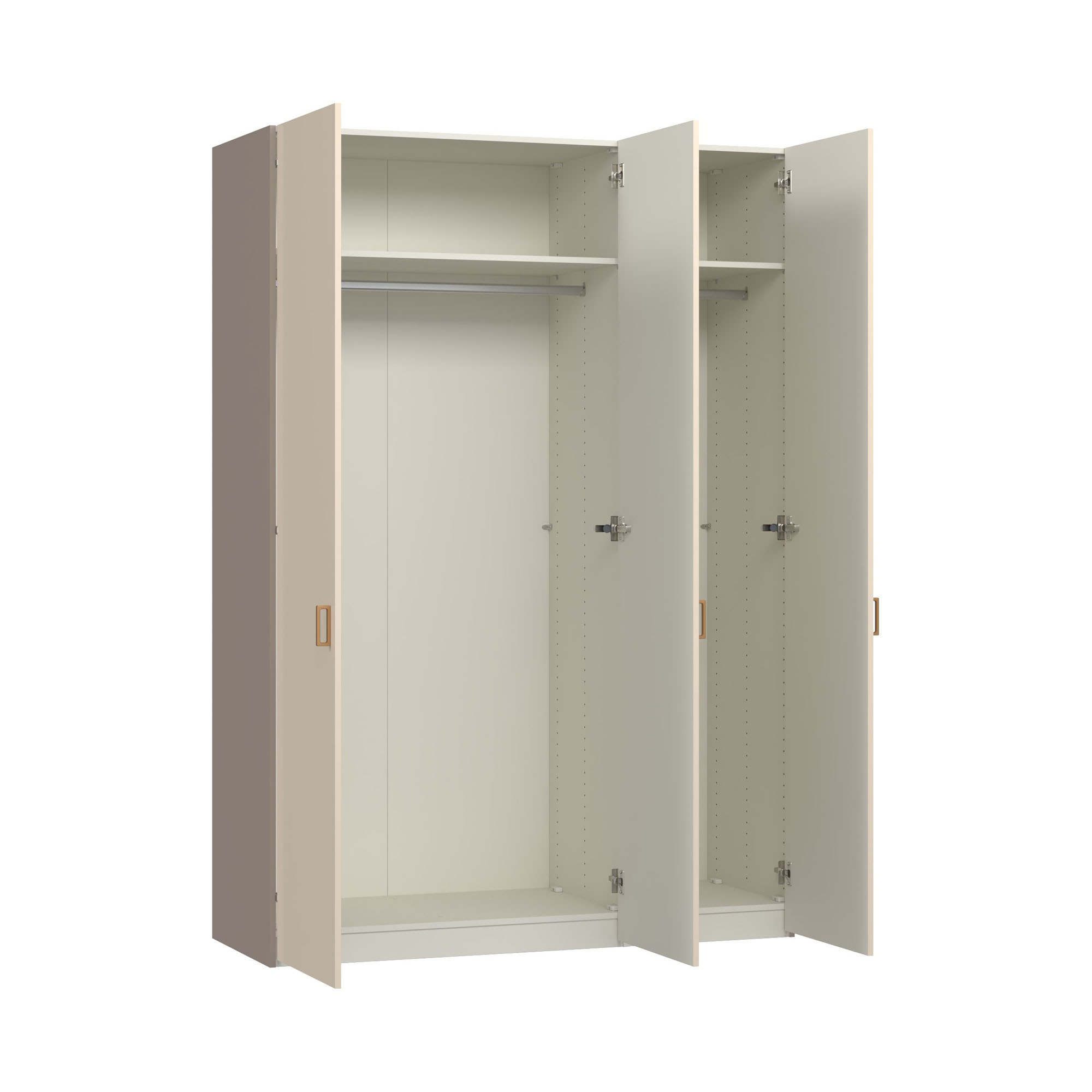 geöffneter dreitüriger Kleiderschrank mit Innenraum, Kleiderstangen und Einlegeböden