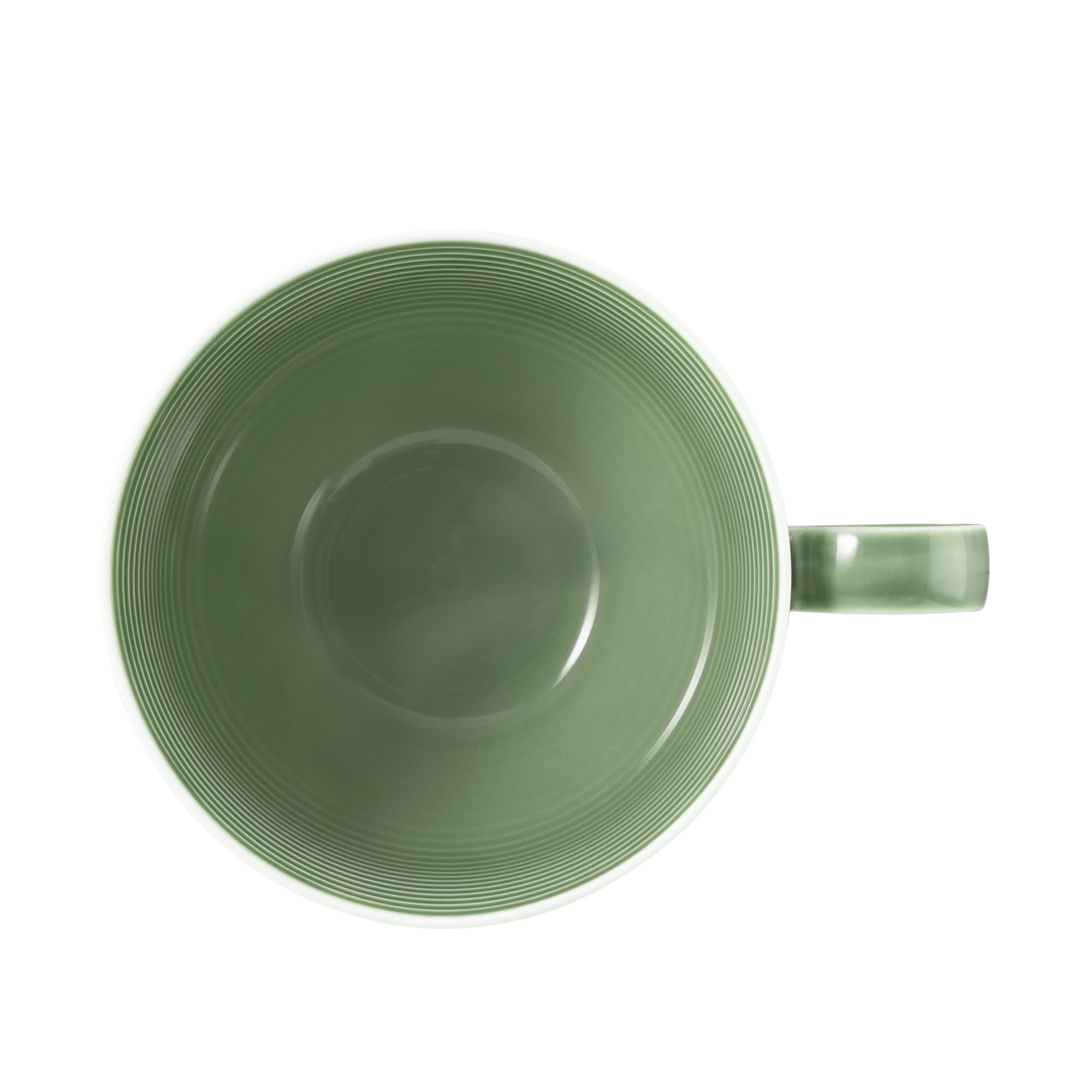Tasse in Grün. Sichtbare Merkmale: runde Form mit feinen waagerechten Rillen. Darstellung: Draufsicht.