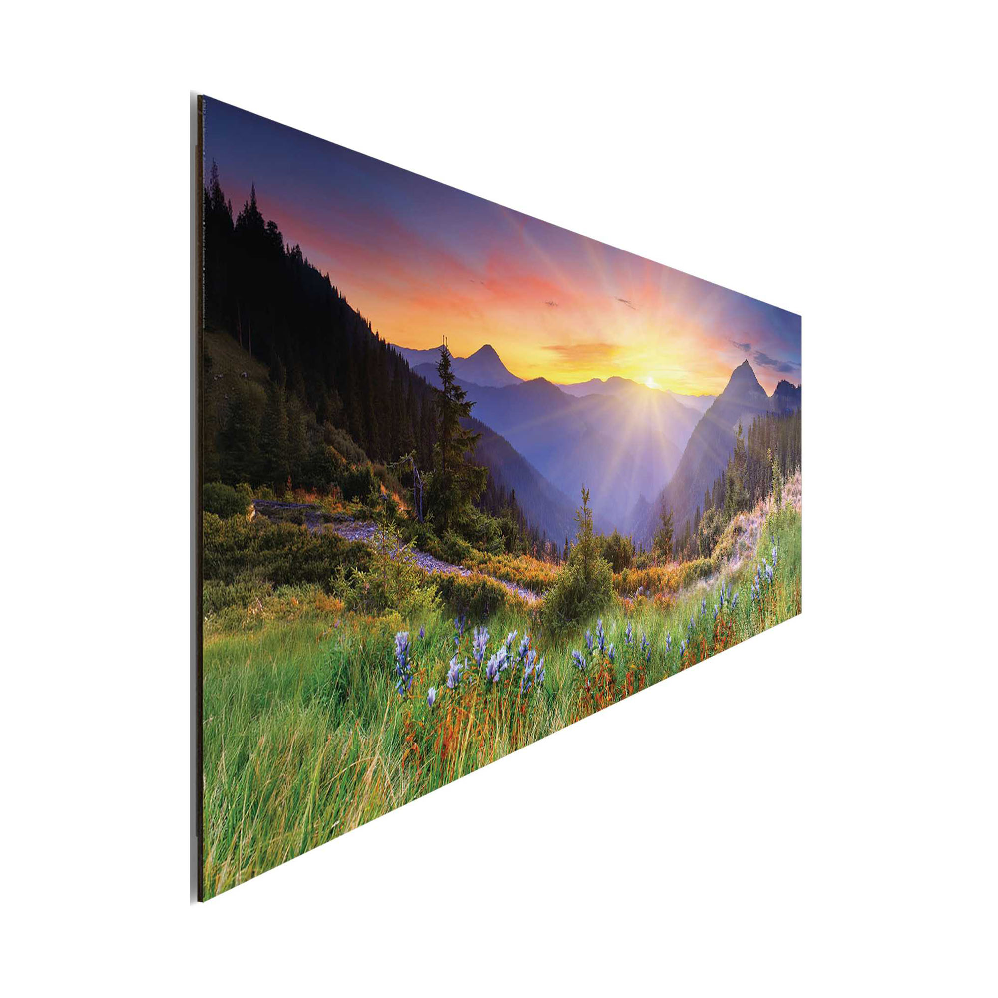 Seitliche Schrägansicht des Wandbilds „Swiss Mountains“, 30 × 90 cm; Profil, Kante und Tiefe des Bildes sind erkennbar.