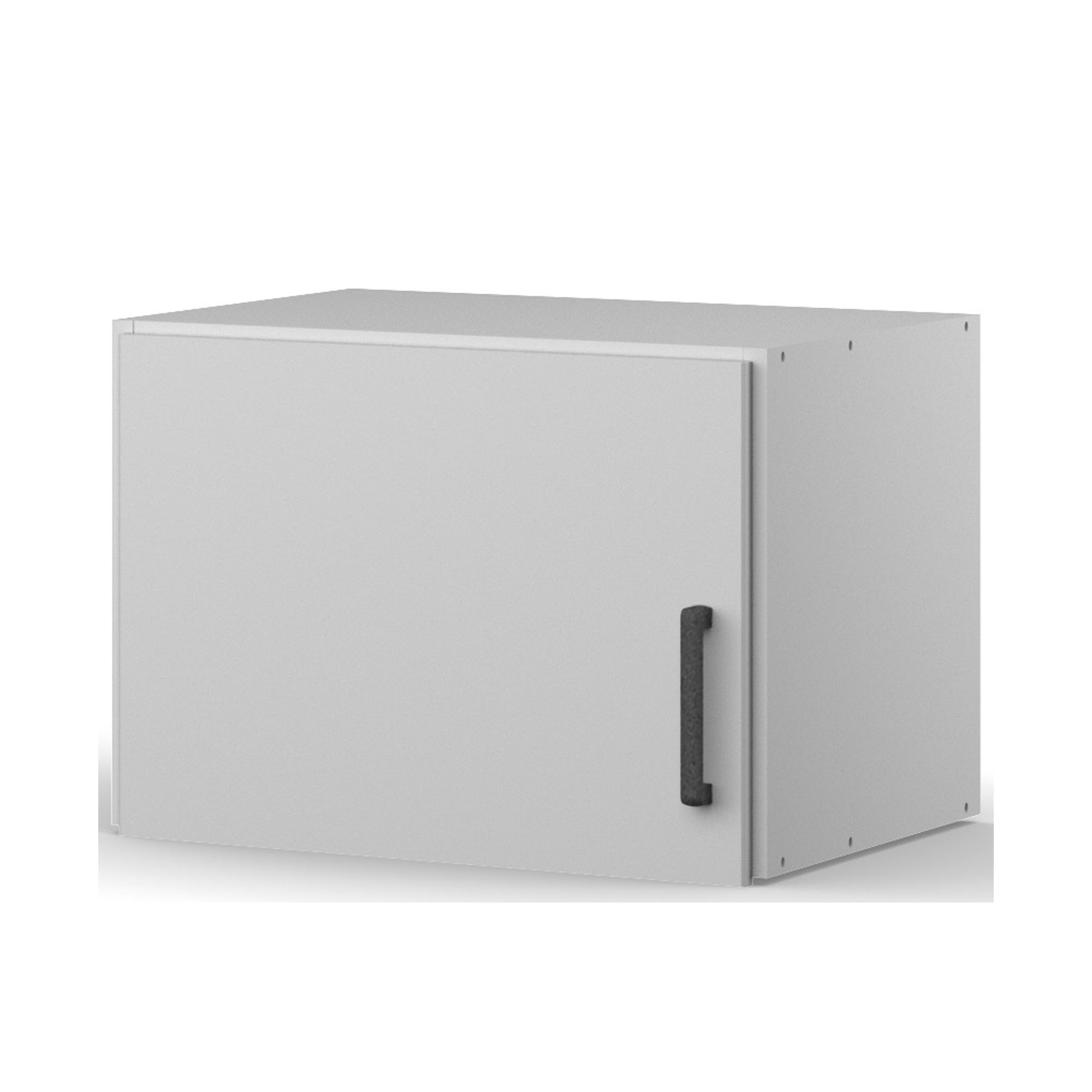 Schrägansicht eines Aufsatzelements in Alpinweiß mit schwarzem Griff.