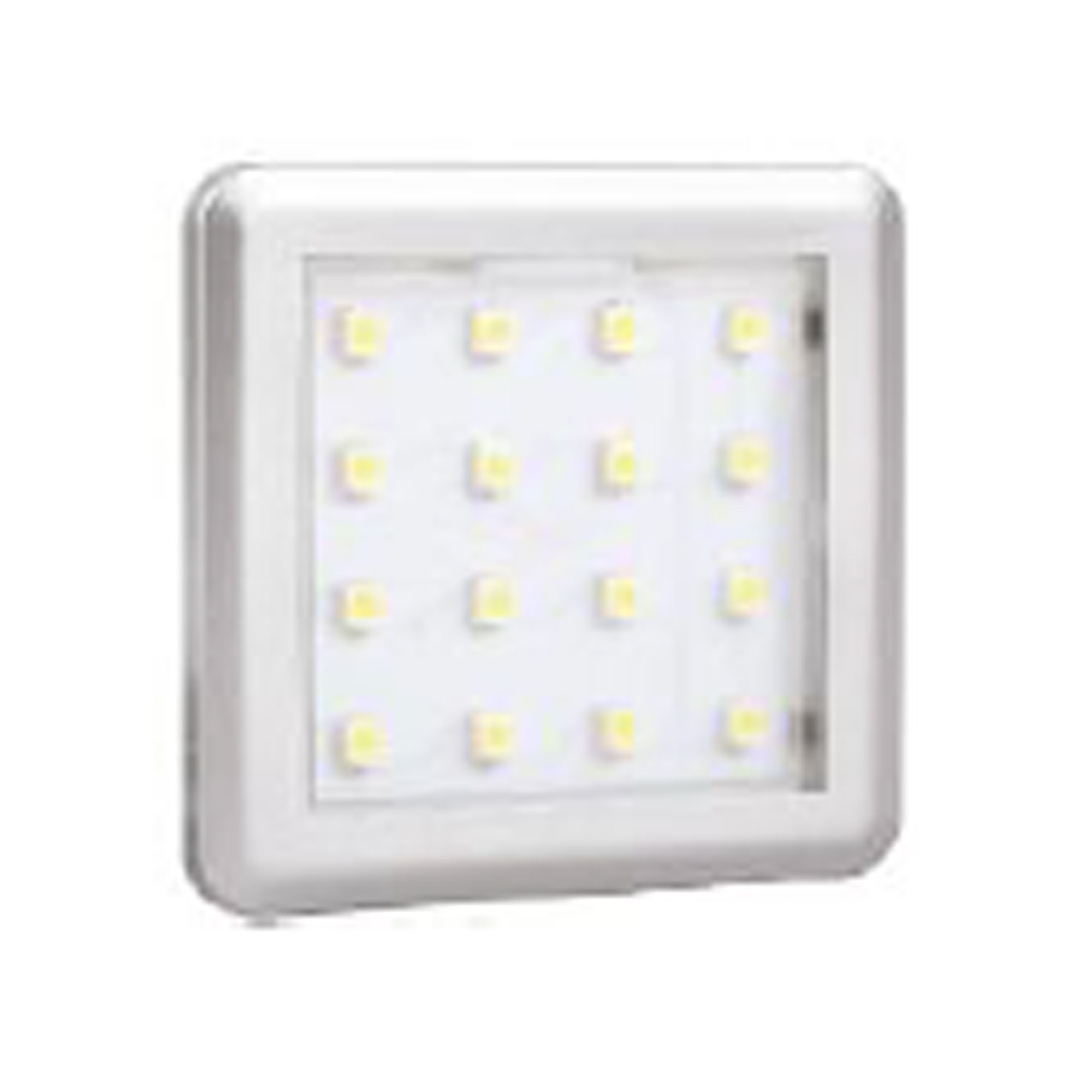 Kompakte LED-Unterbauleuchte mit weißem Gehäuse und 16 integrierten LEDs für die Beleuchtung von Möbeln und Regalen.