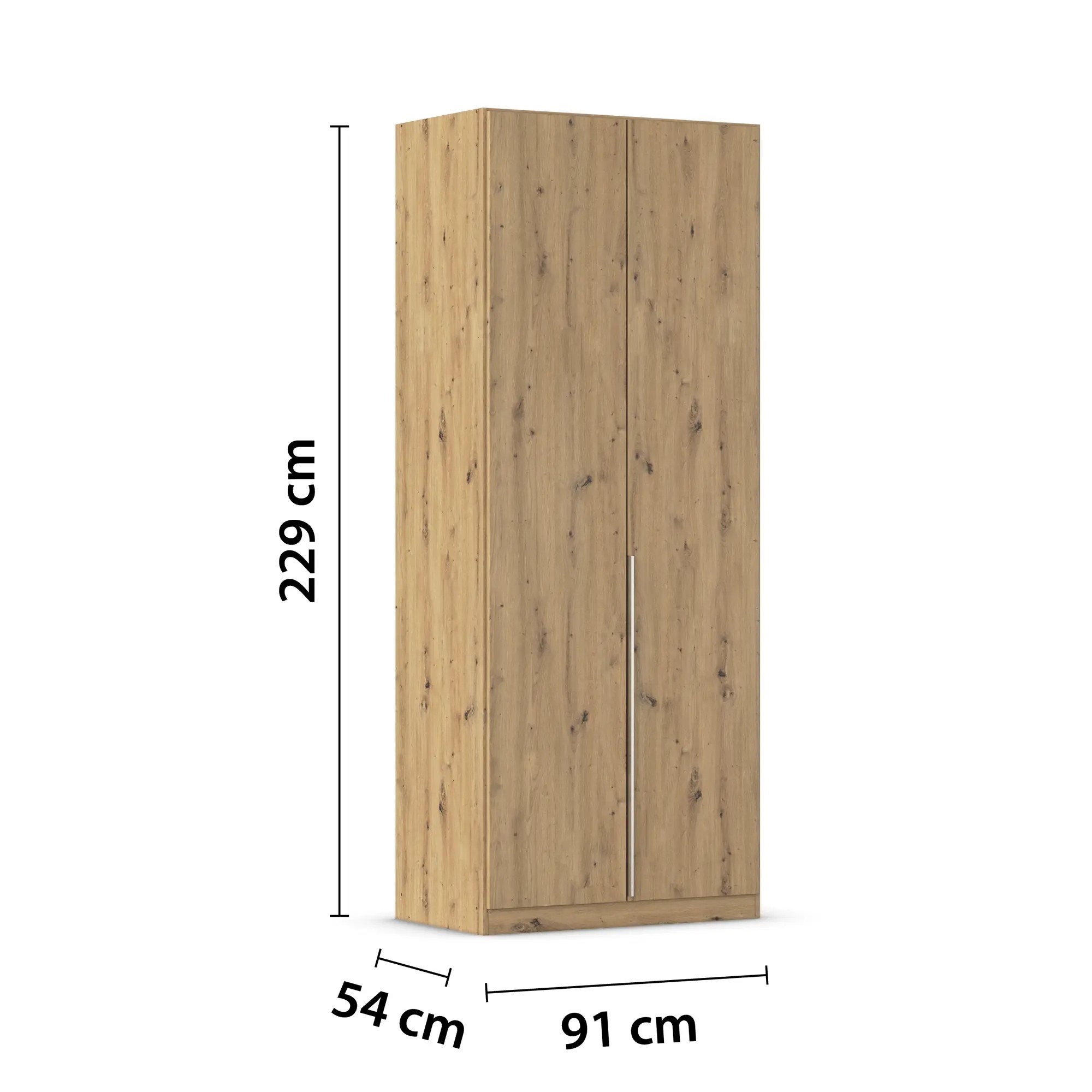 Kleiderschrank in Eiche Artisan mit eingezeichneten Maßen von 229 cm Höhe, 91 cm Breite und 54 cm Tiefe