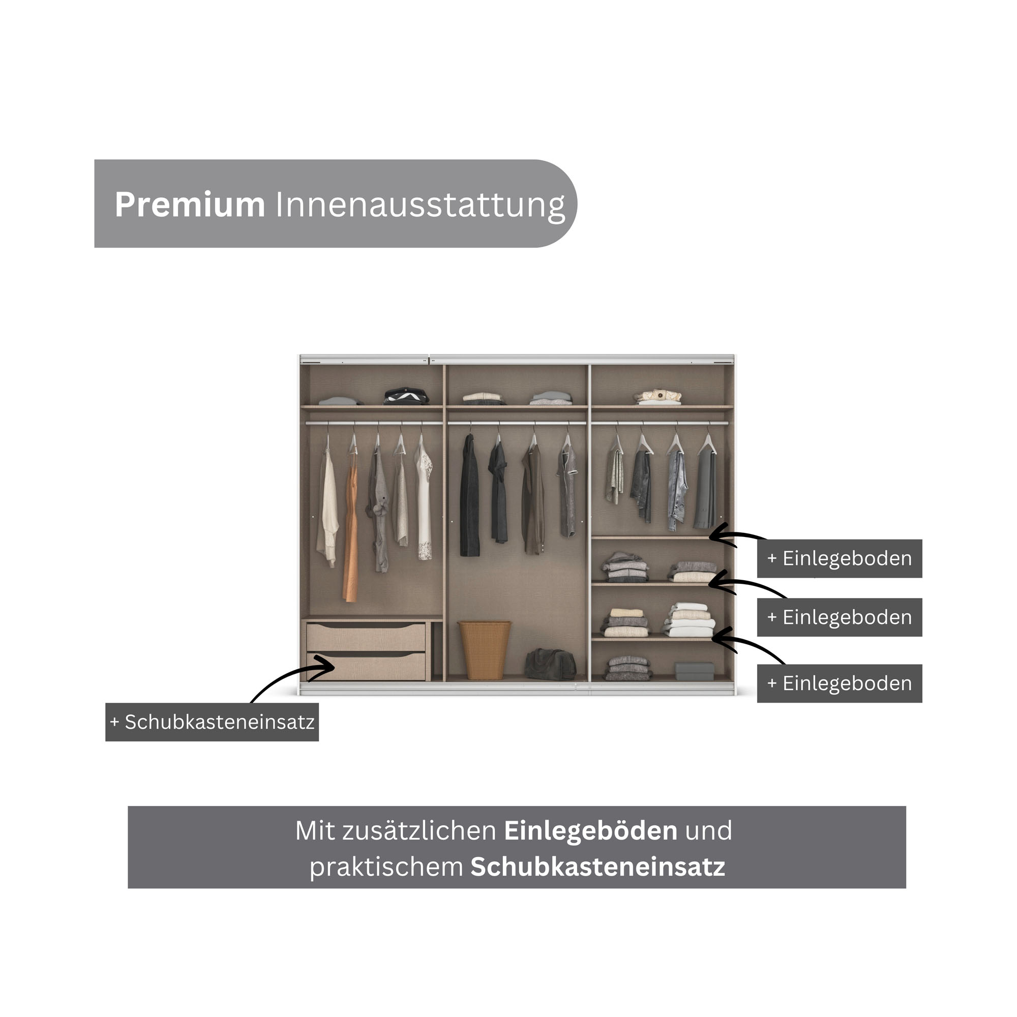 Innenaufteilung eines Kleiderschranks mit Kleiderstangen, Einlegeböden und integriertem Schubkasteneinsatz