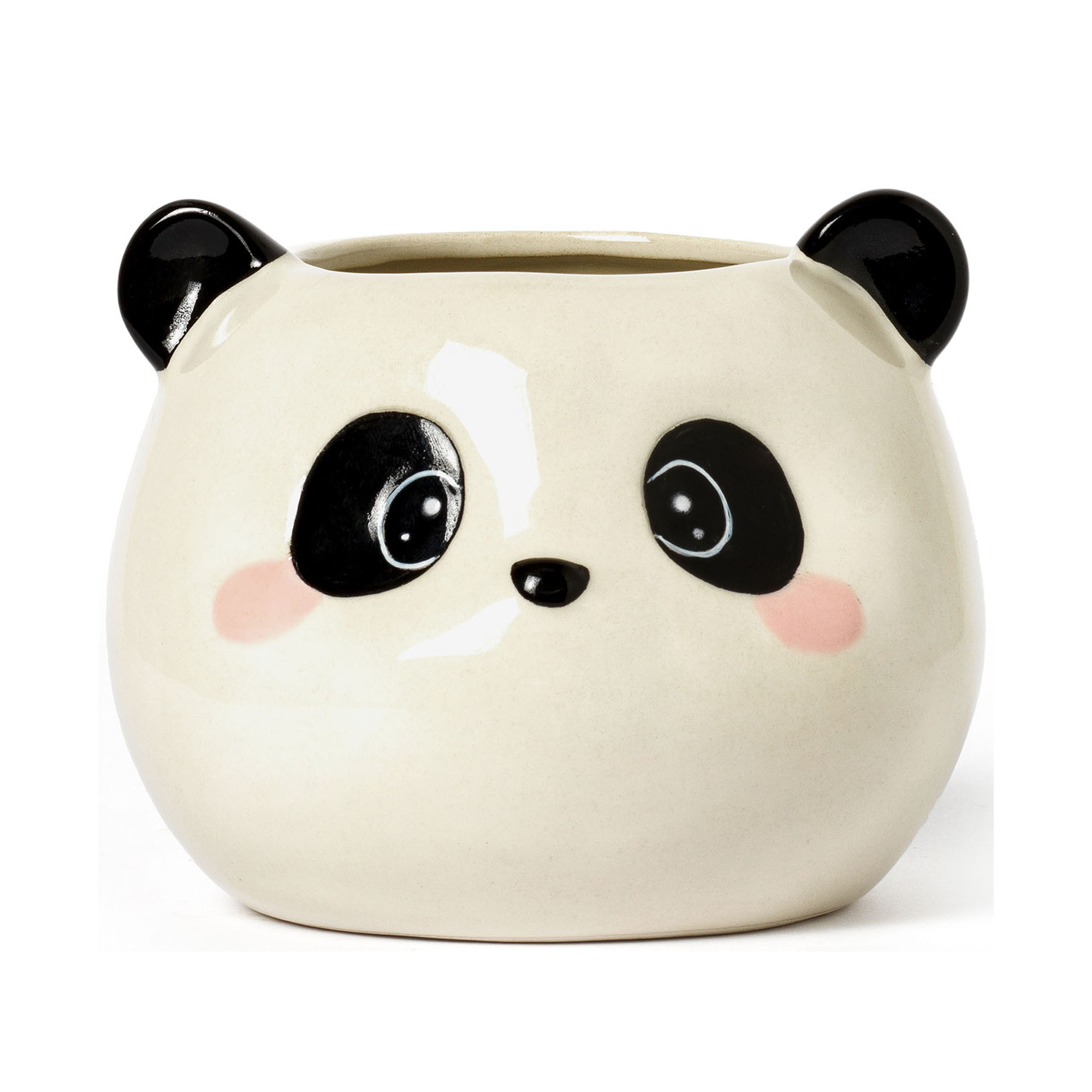 Keramik-Stiftehalter im Panda-Design, leer in Nahansicht auf weißem Hintergrund gezeigt.