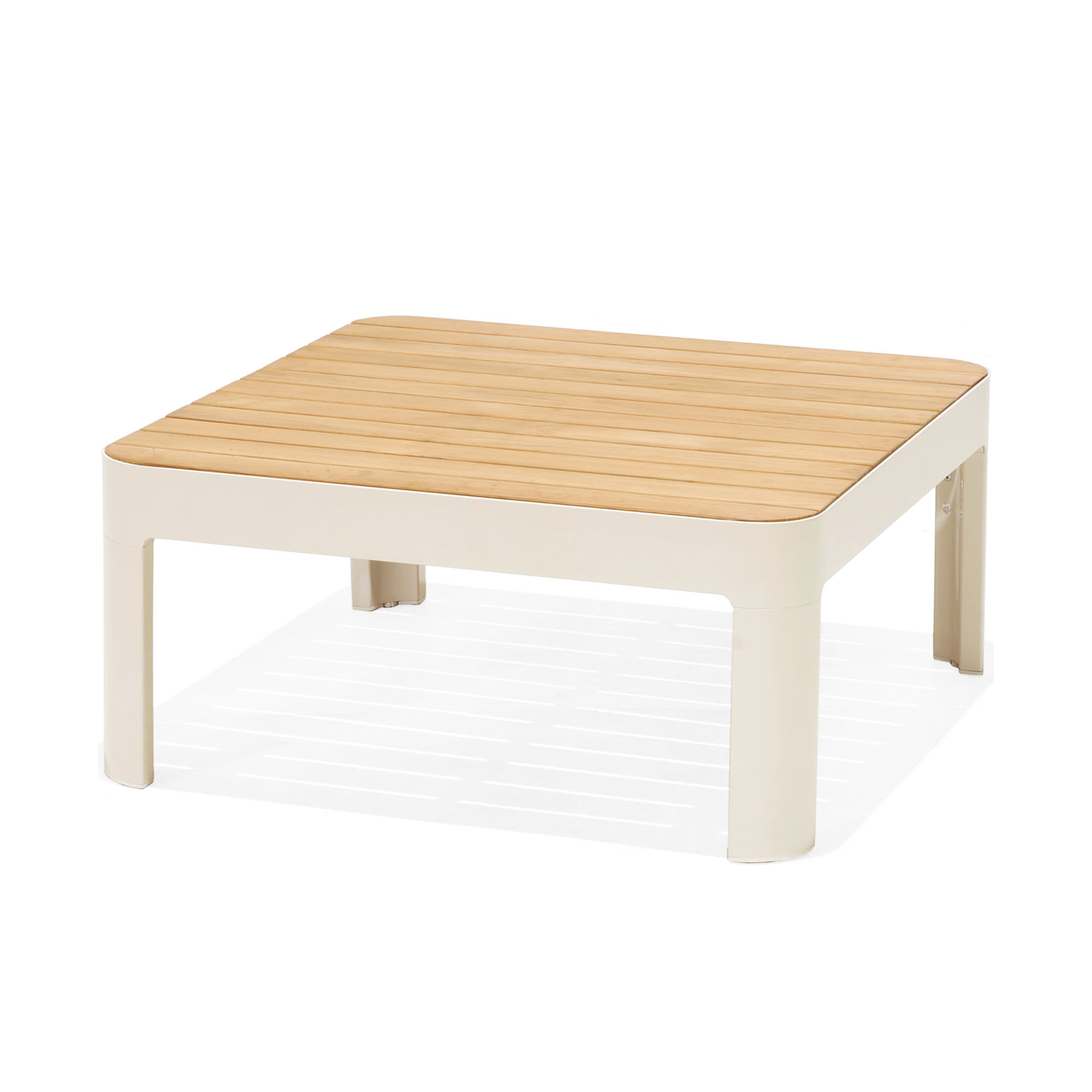 Quadratischer Garten Beistelltisch mit Holzplatte und hellem Gestell auf weißem Hintergrund